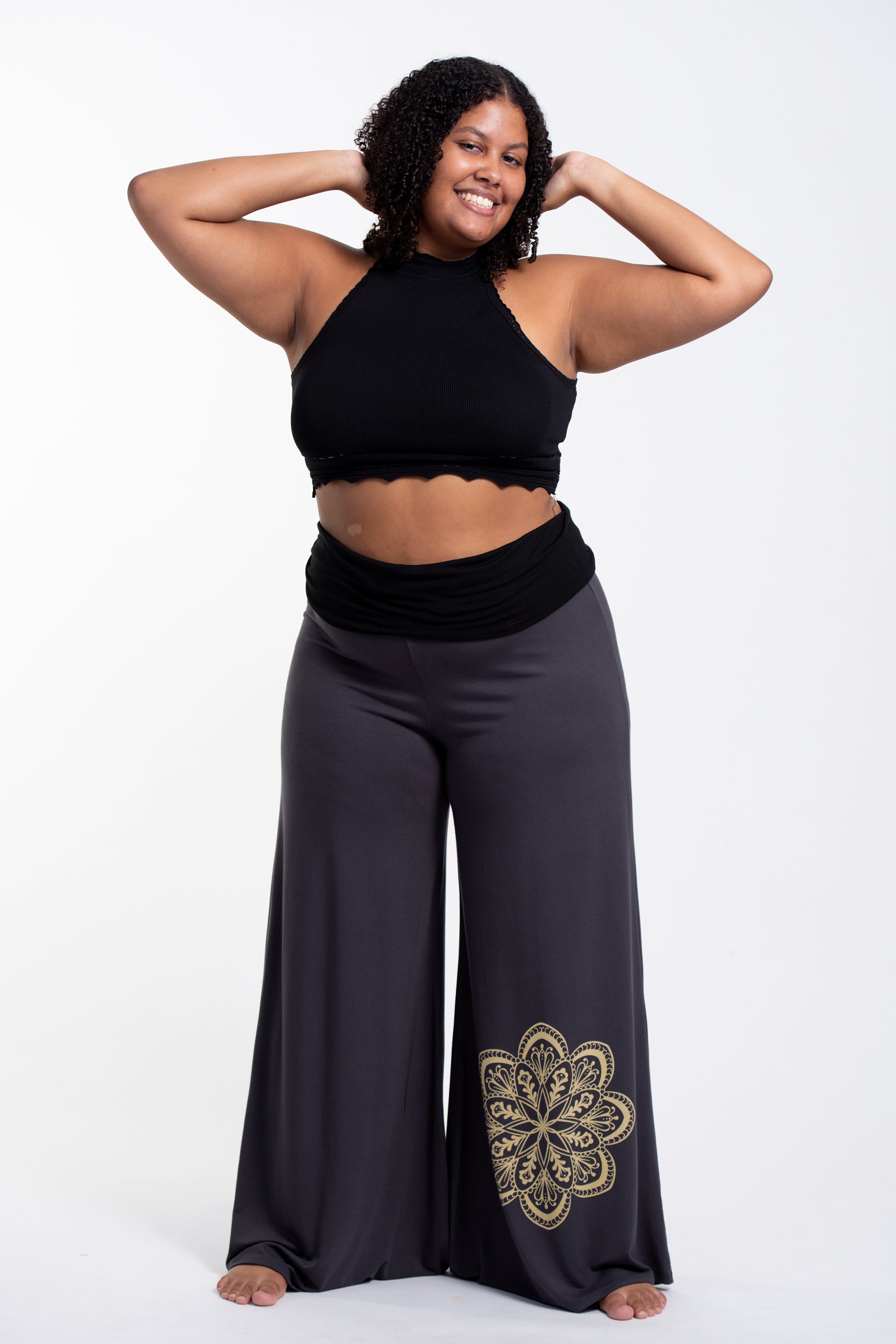 Plus Size Mandala Print Wide Leg Palazzo Harem Pants Cotton Spandex in Gray