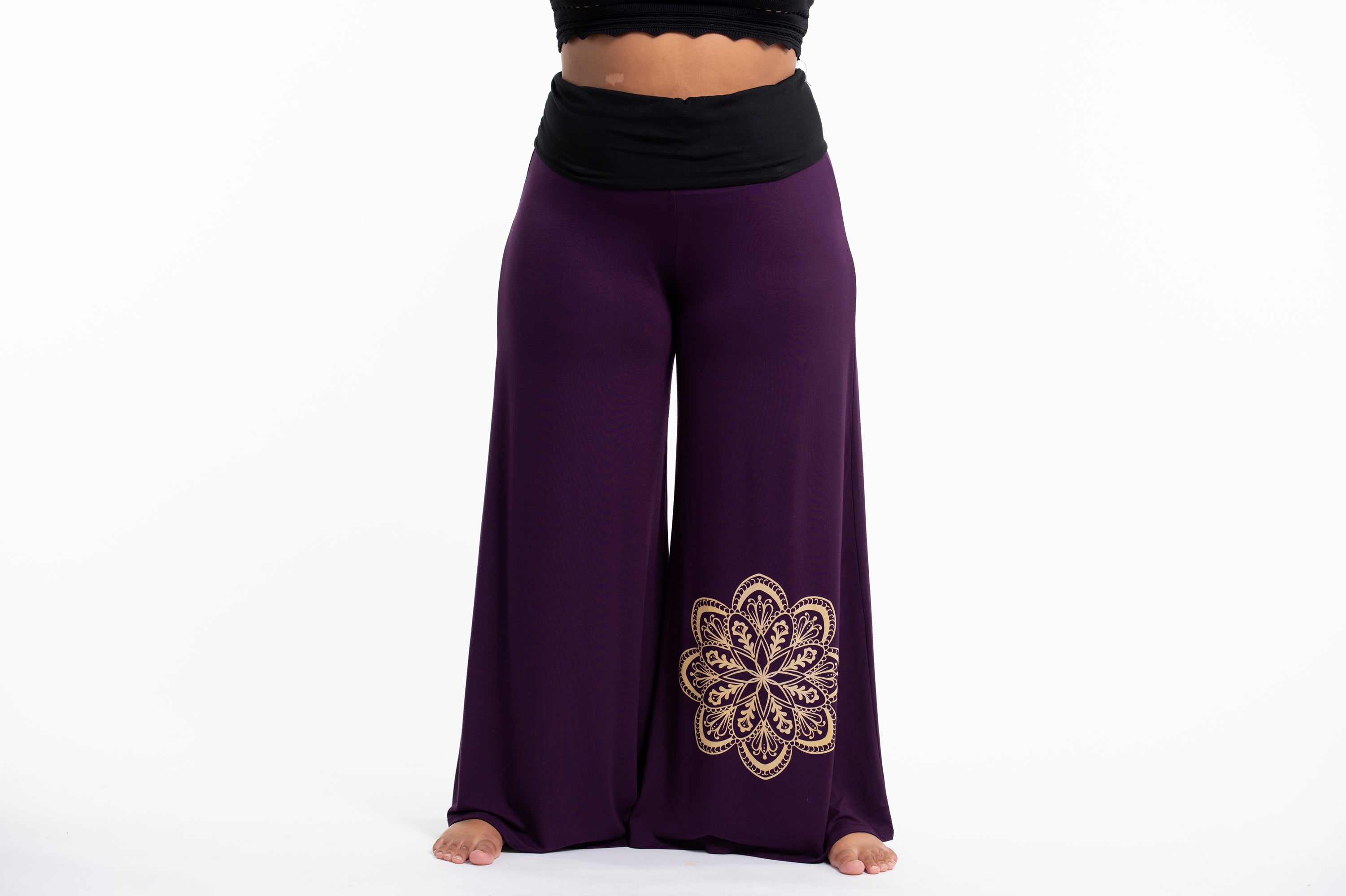 Plus Size Mandala Print Wide Leg Palazzo Harem Pants Cotton Spandex in Purple
