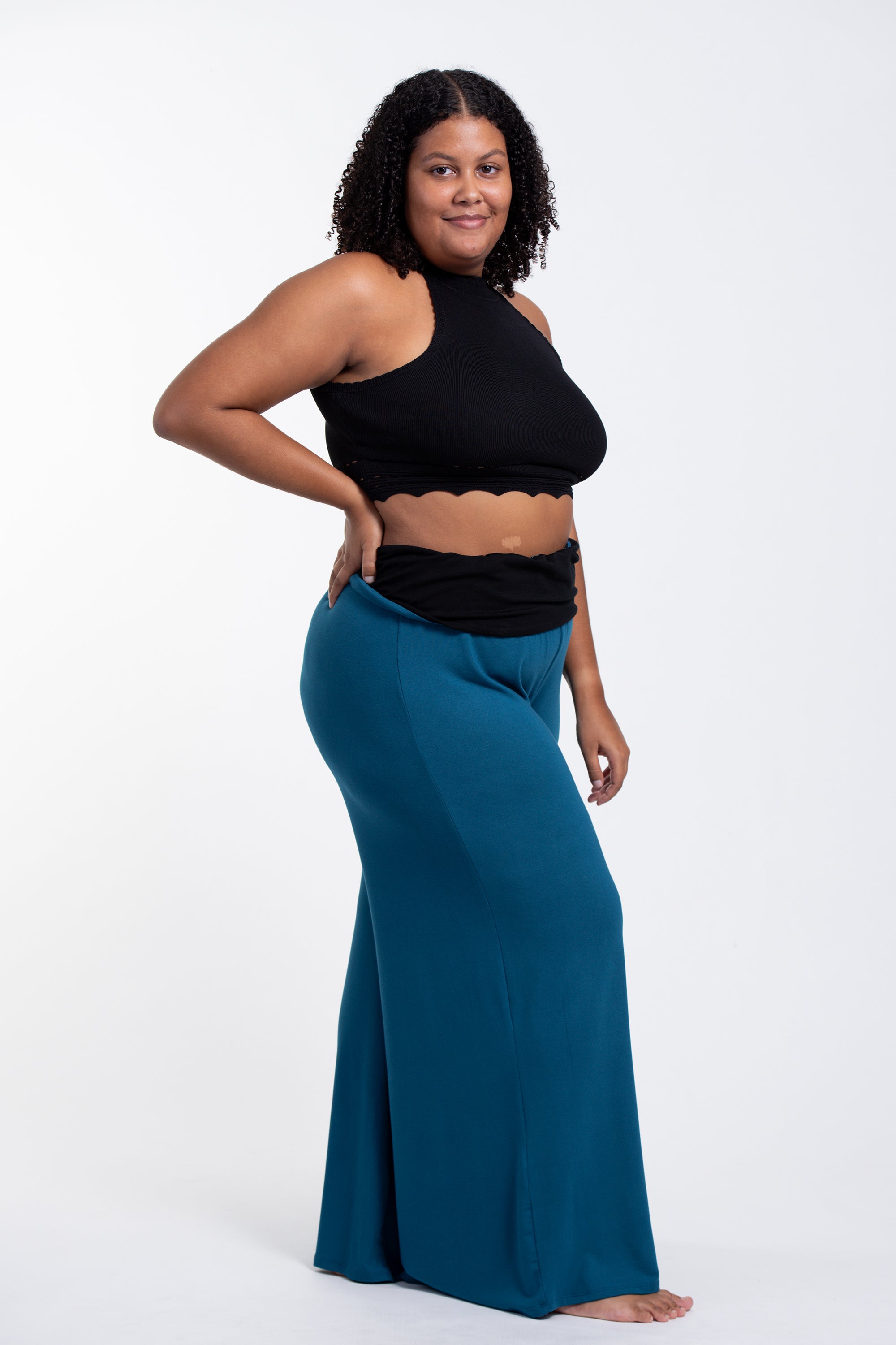 Plus Size Mandala Print Wide Leg Palazzo Harem Pants Cotton Spandex in Turquoise