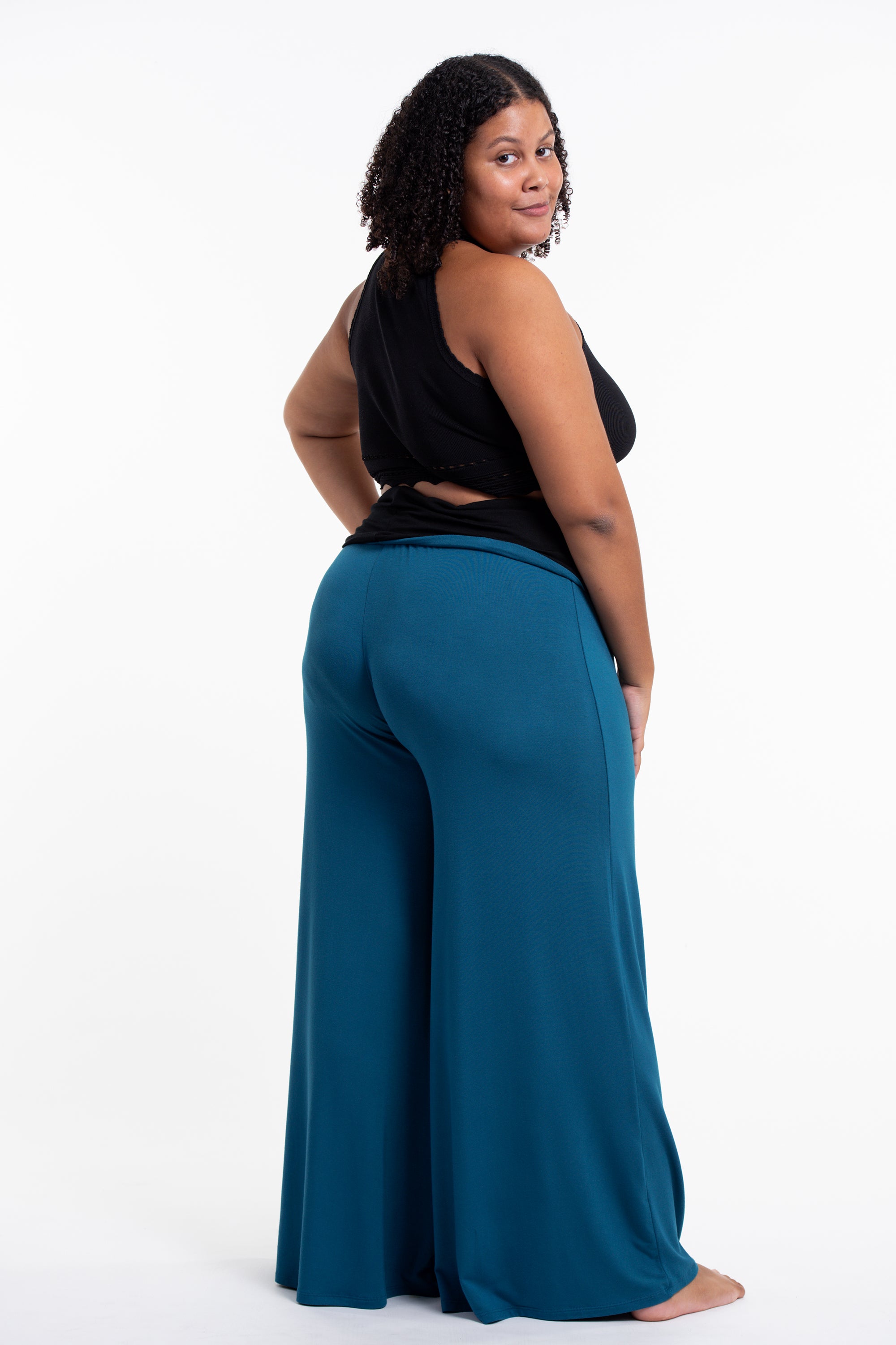 Plus Size Mandala Print Wide Leg Palazzo Harem Pants Cotton Spandex in Turquoise