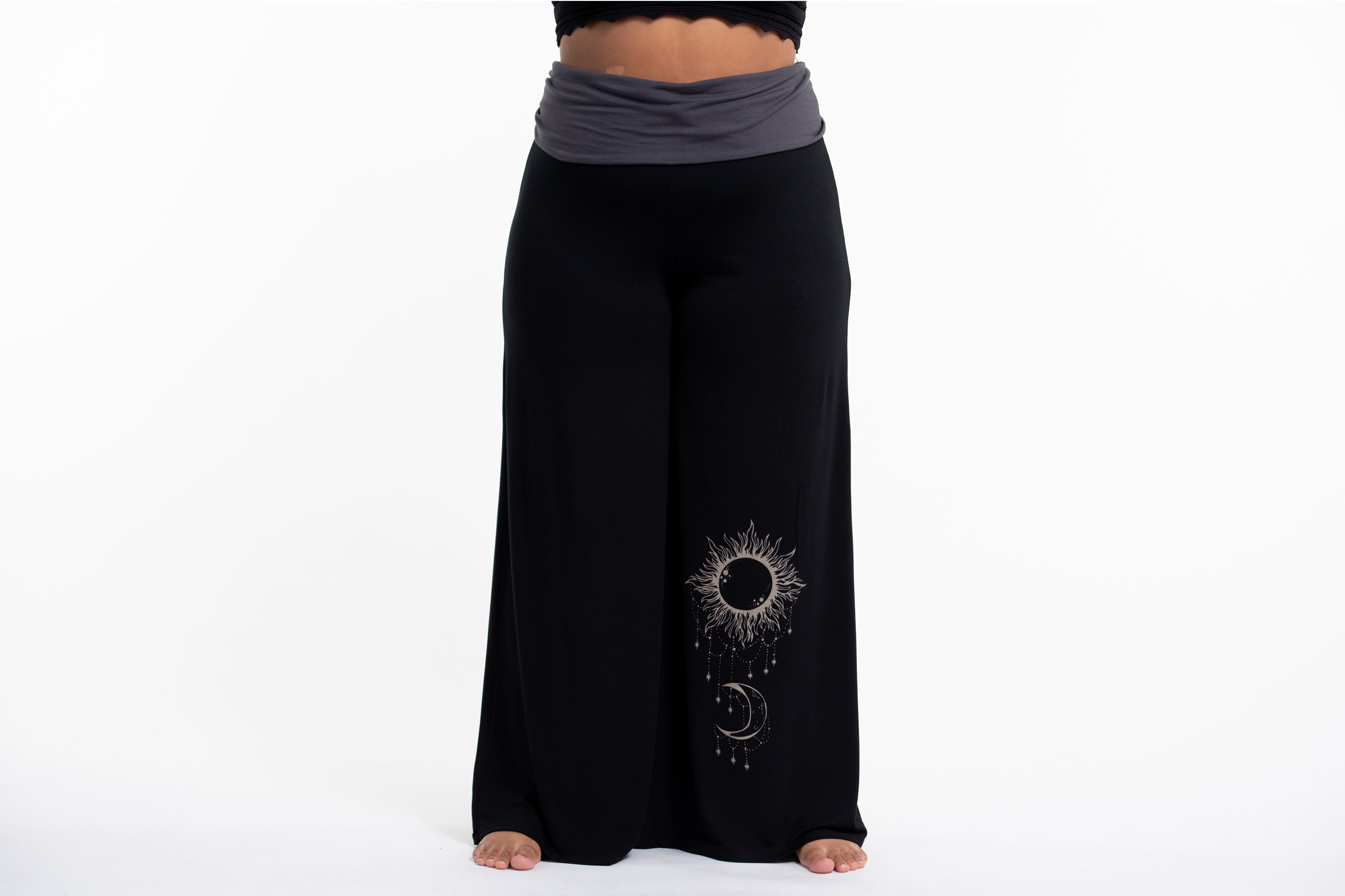 Plus Size Sun Moon Print Wide Leg Palazzo Harem Pants Cotton Spandex in Black