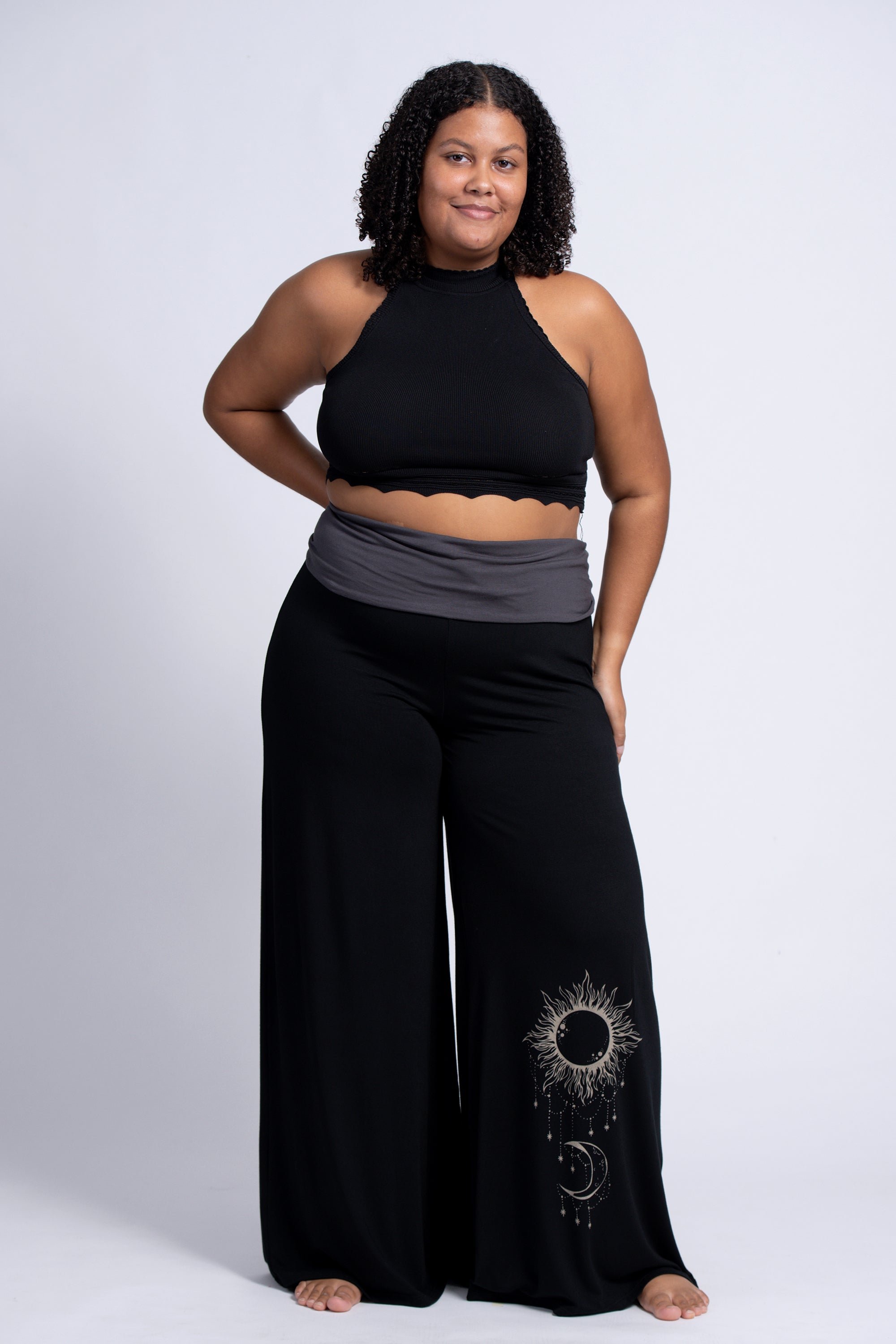 Plus Size Sun Moon Print Wide Leg Palazzo Harem Pants Cotton Spandex in Black