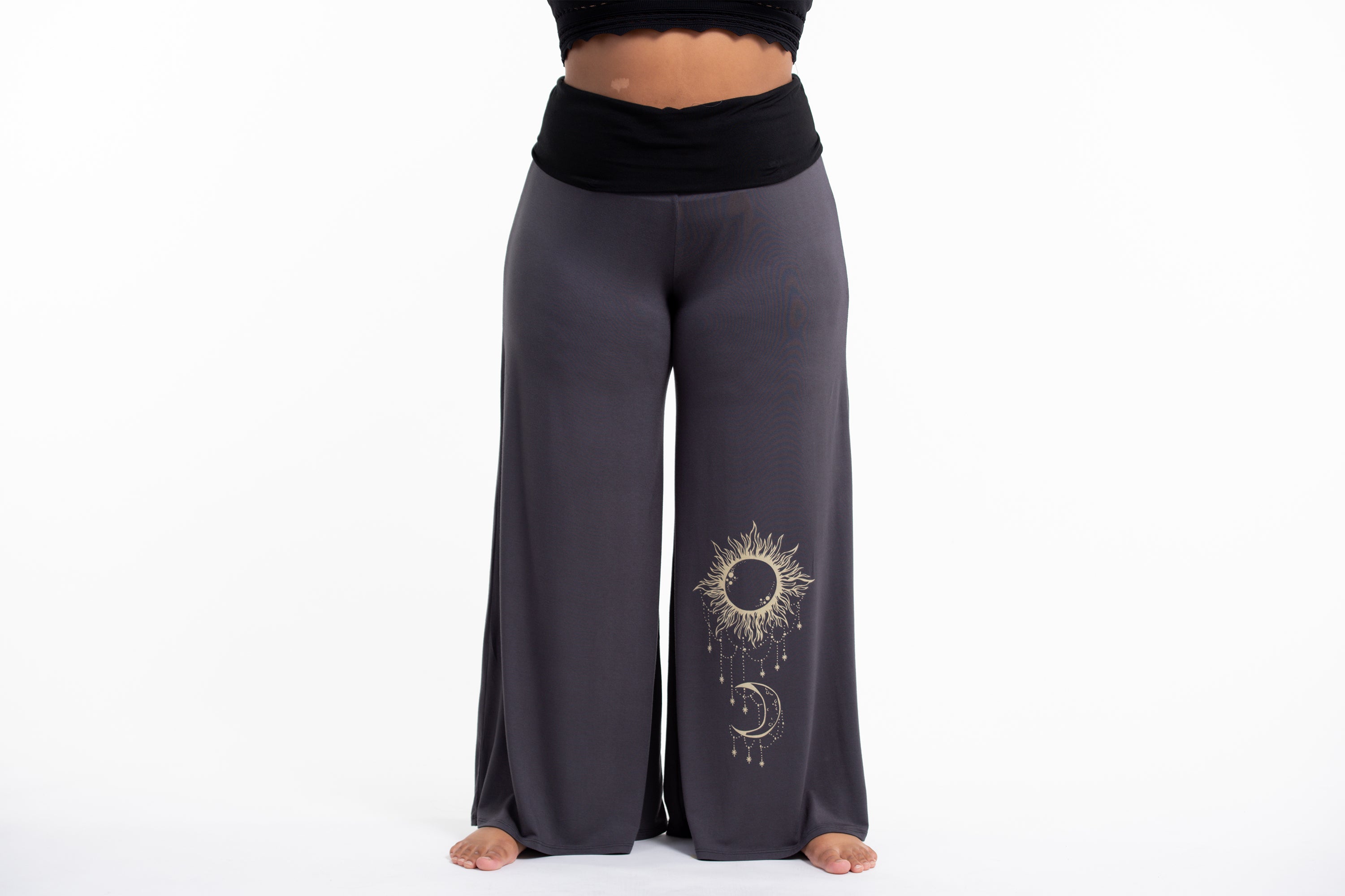Plus Size Sun Moon Print Wide Leg Palazzo Harem Pants Cotton Spandex in Gray