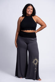 Plus Size Sun Moon Print Wide Leg Palazzo Harem Pants Cotton Spandex in Gray