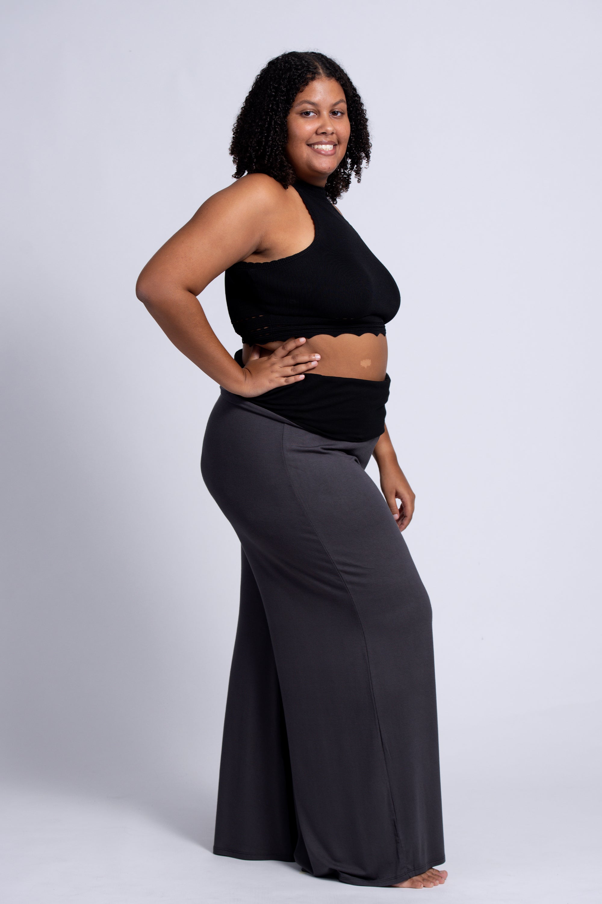 Plus Size Sun Moon Print Wide Leg Palazzo Harem Pants Cotton Spandex in Gray