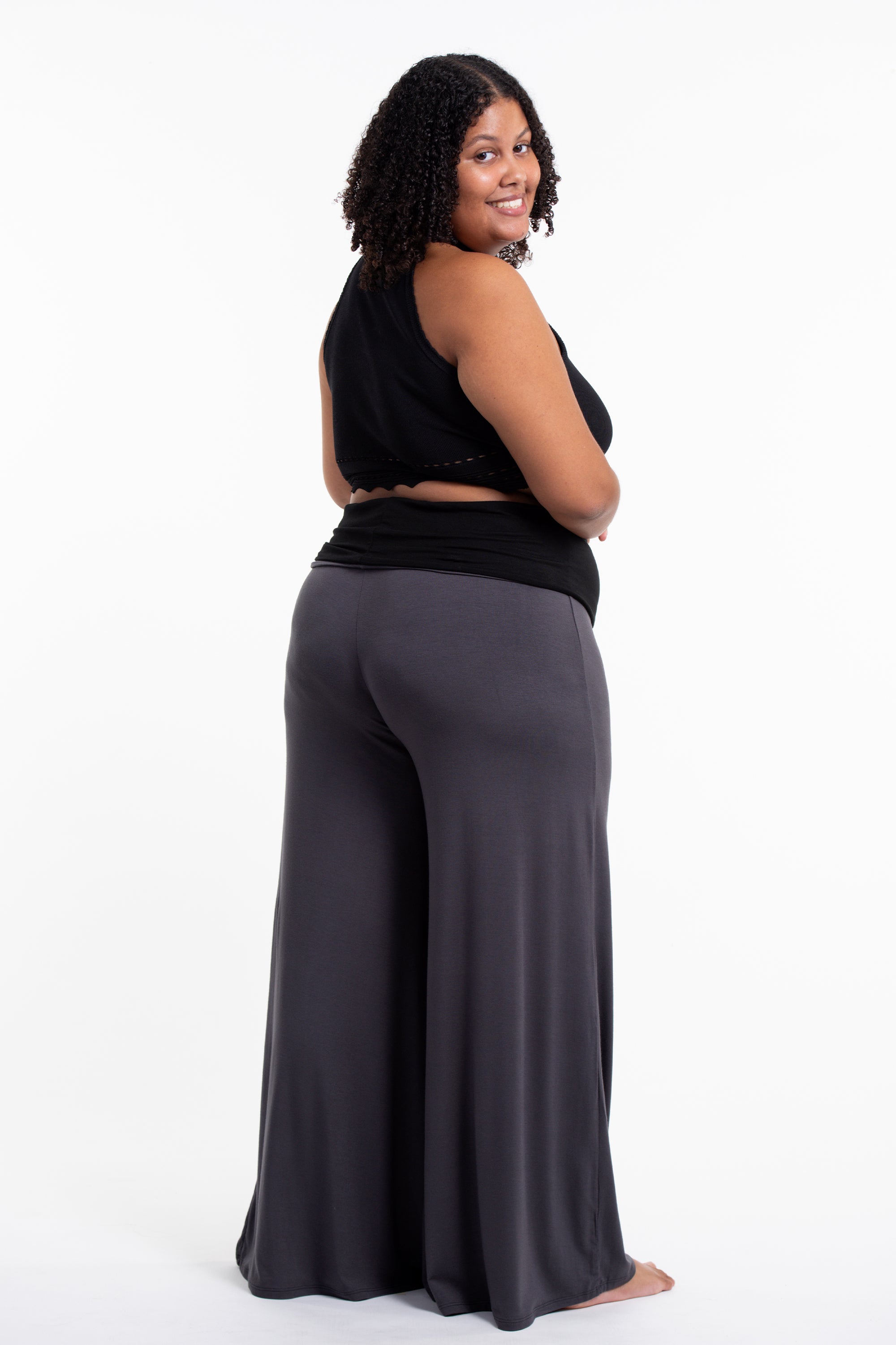 Plus Size Sun Moon Print Wide Leg Palazzo Harem Pants Cotton Spandex in Gray