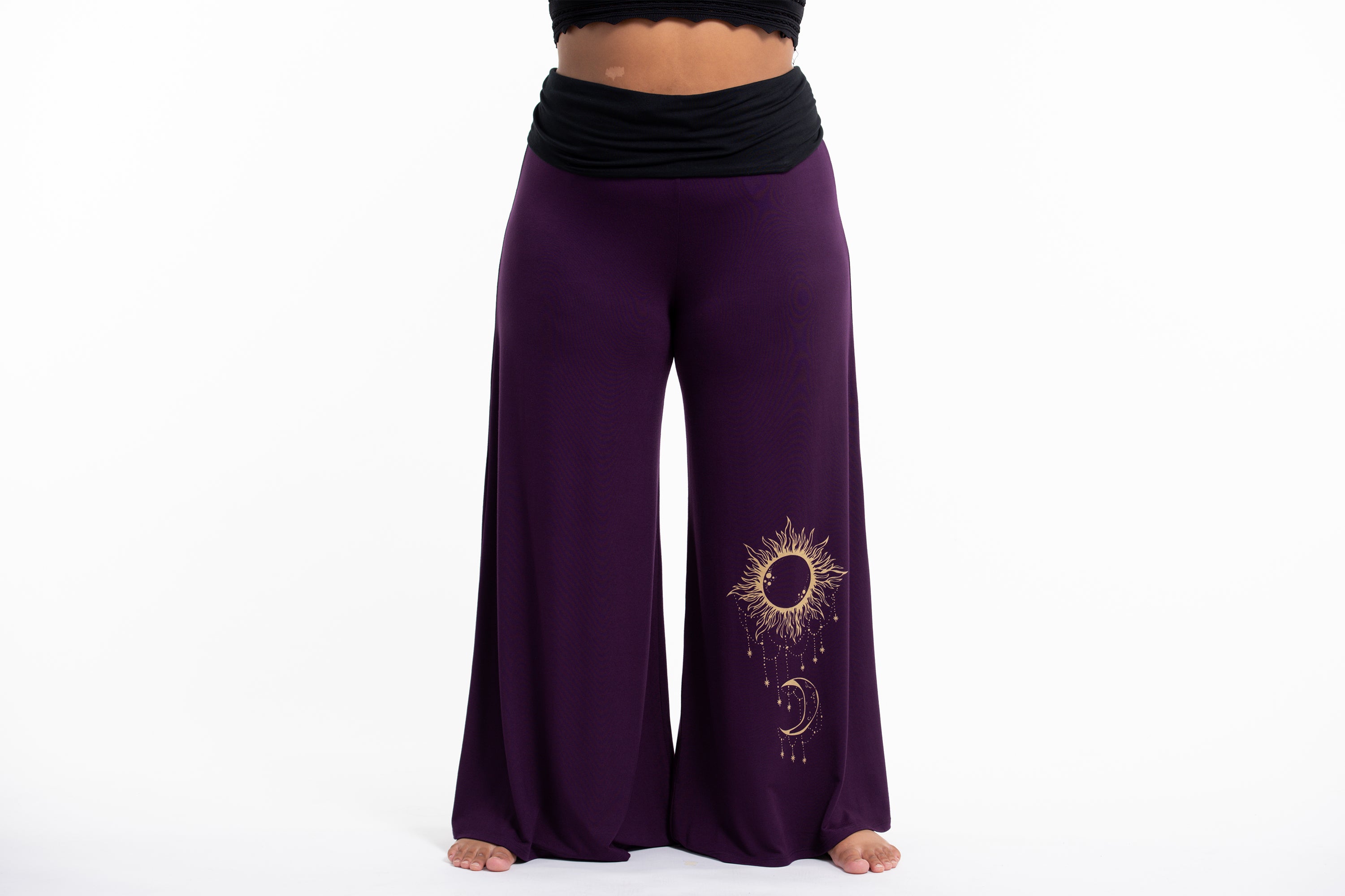 Plus Size Sun Moon Print Wide Leg Palazzo Harem Pants Cotton Spandex in Purple