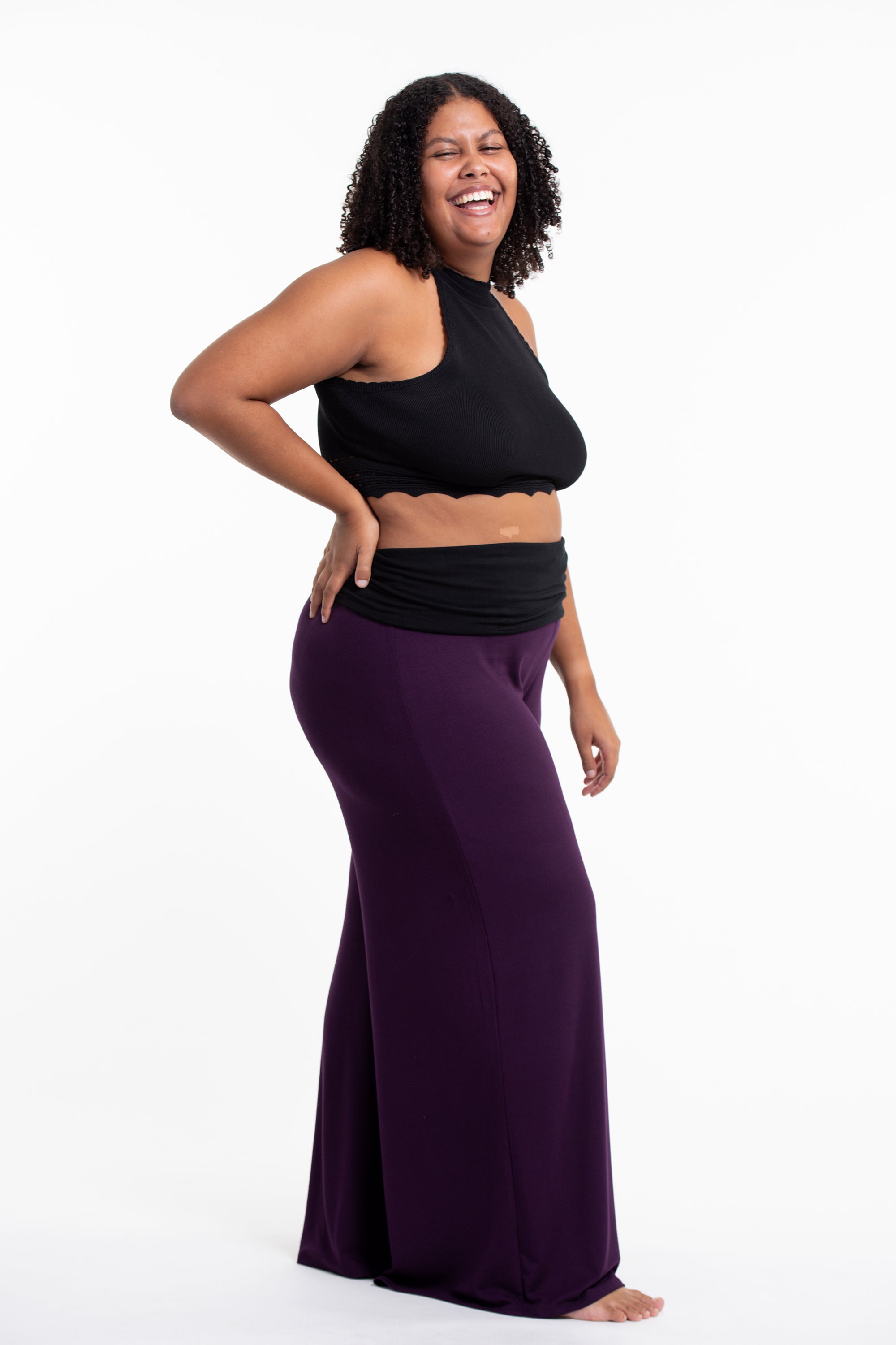 Plus Size Sun Moon Print Wide Leg Palazzo Harem Pants Cotton Spandex in Purple
