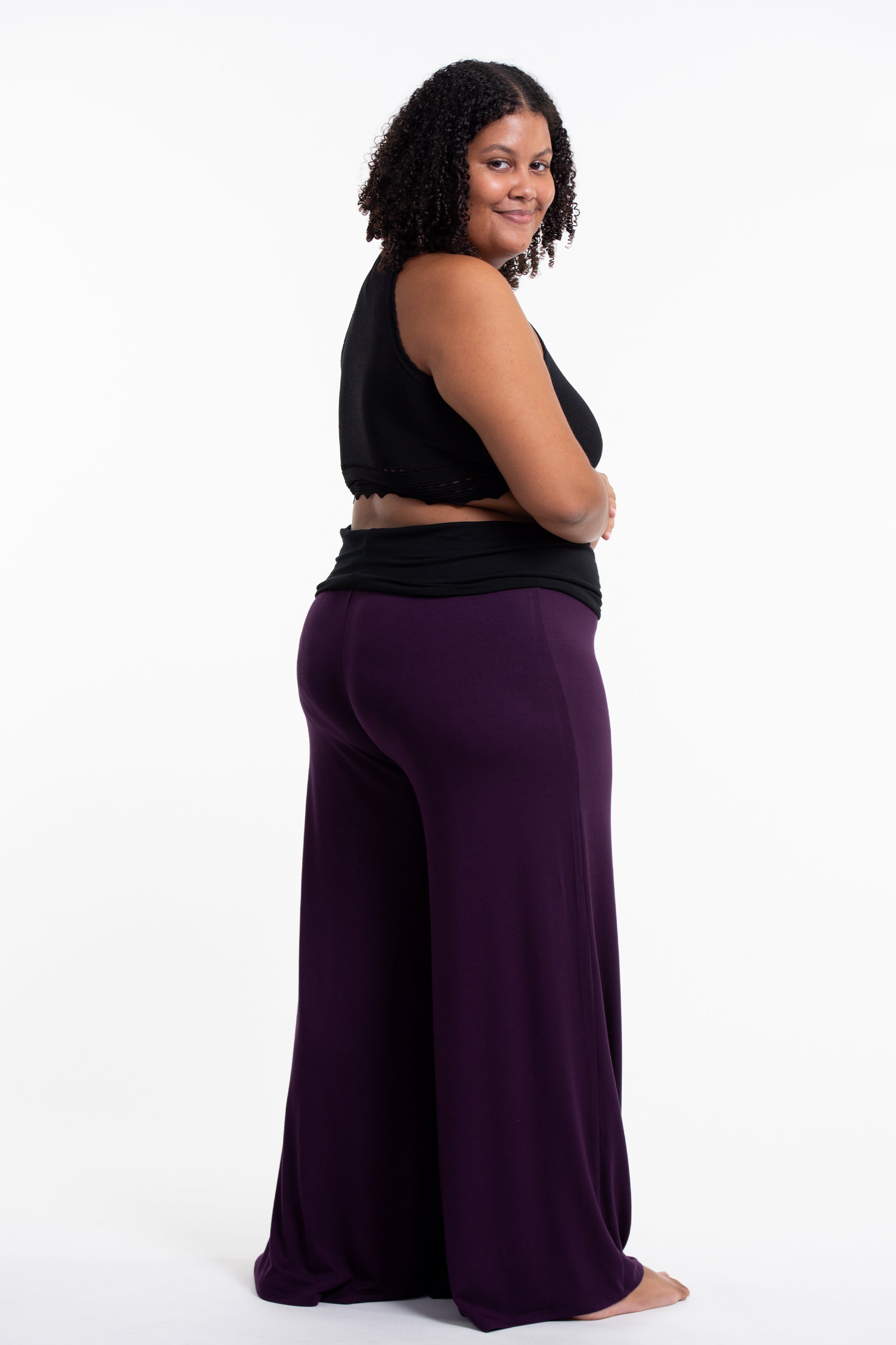 Plus Size Sun Moon Print Wide Leg Palazzo Harem Pants Cotton Spandex in Purple
