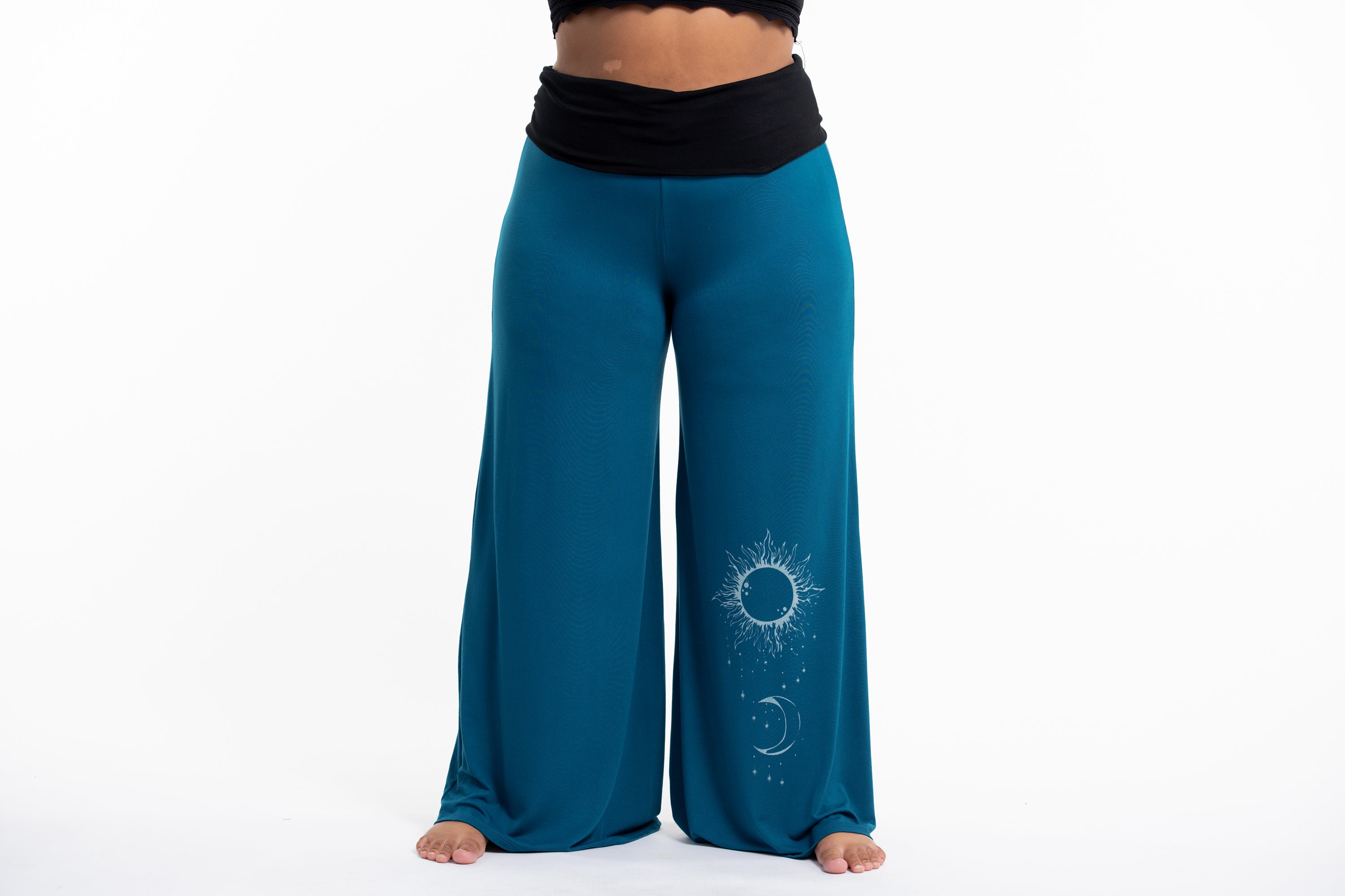 Plus Size Sun Moon Print Wide Leg Palazzo Harem Pants Cotton Spandex in Turquoise
