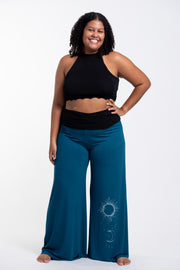 Plus Size Sun Moon Print Wide Leg Palazzo Harem Pants Cotton Spandex in Turquoise