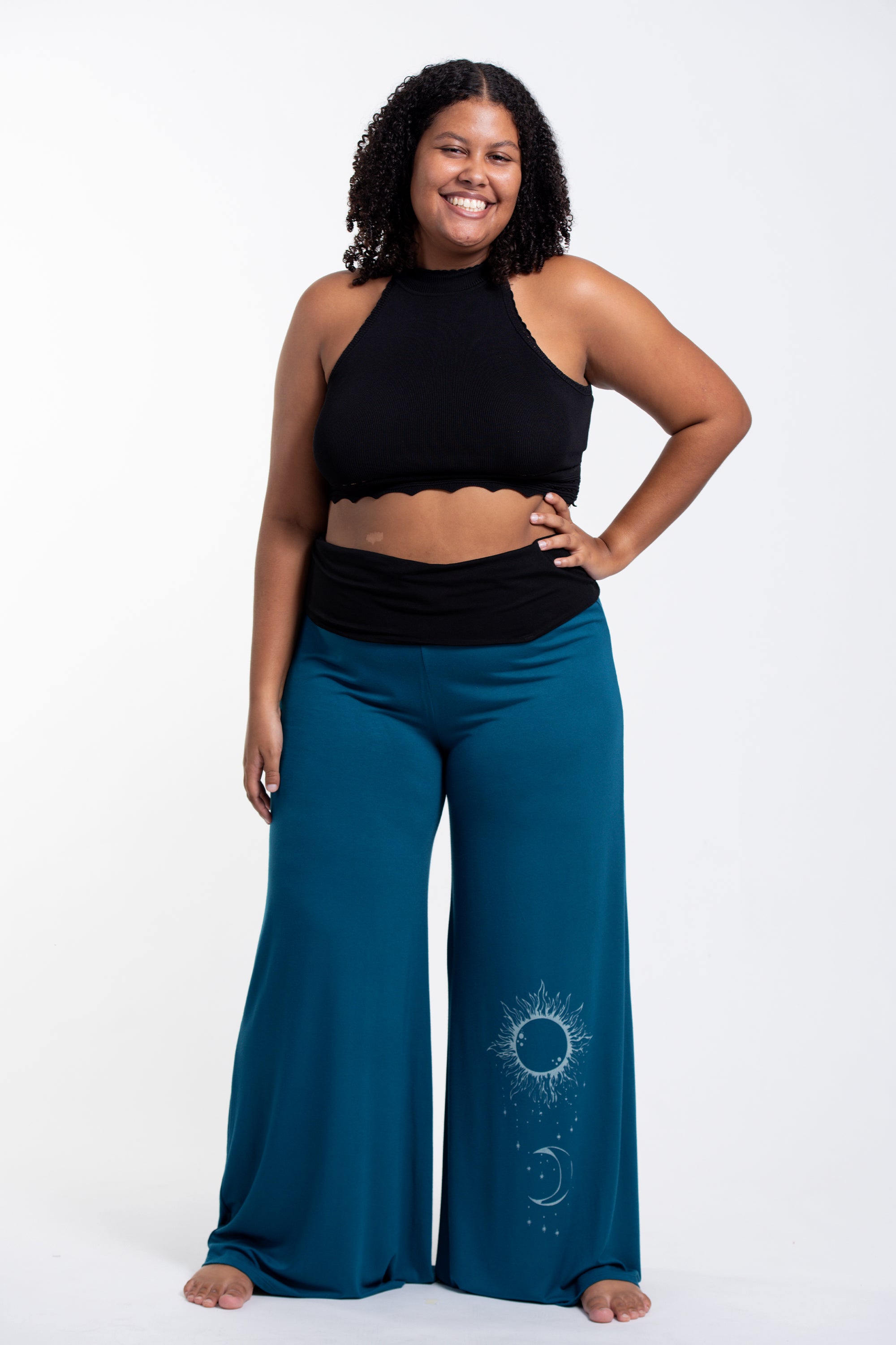 Plus Size Sun Moon Print Wide Leg Palazzo Harem Pants Cotton Spandex in Turquoise