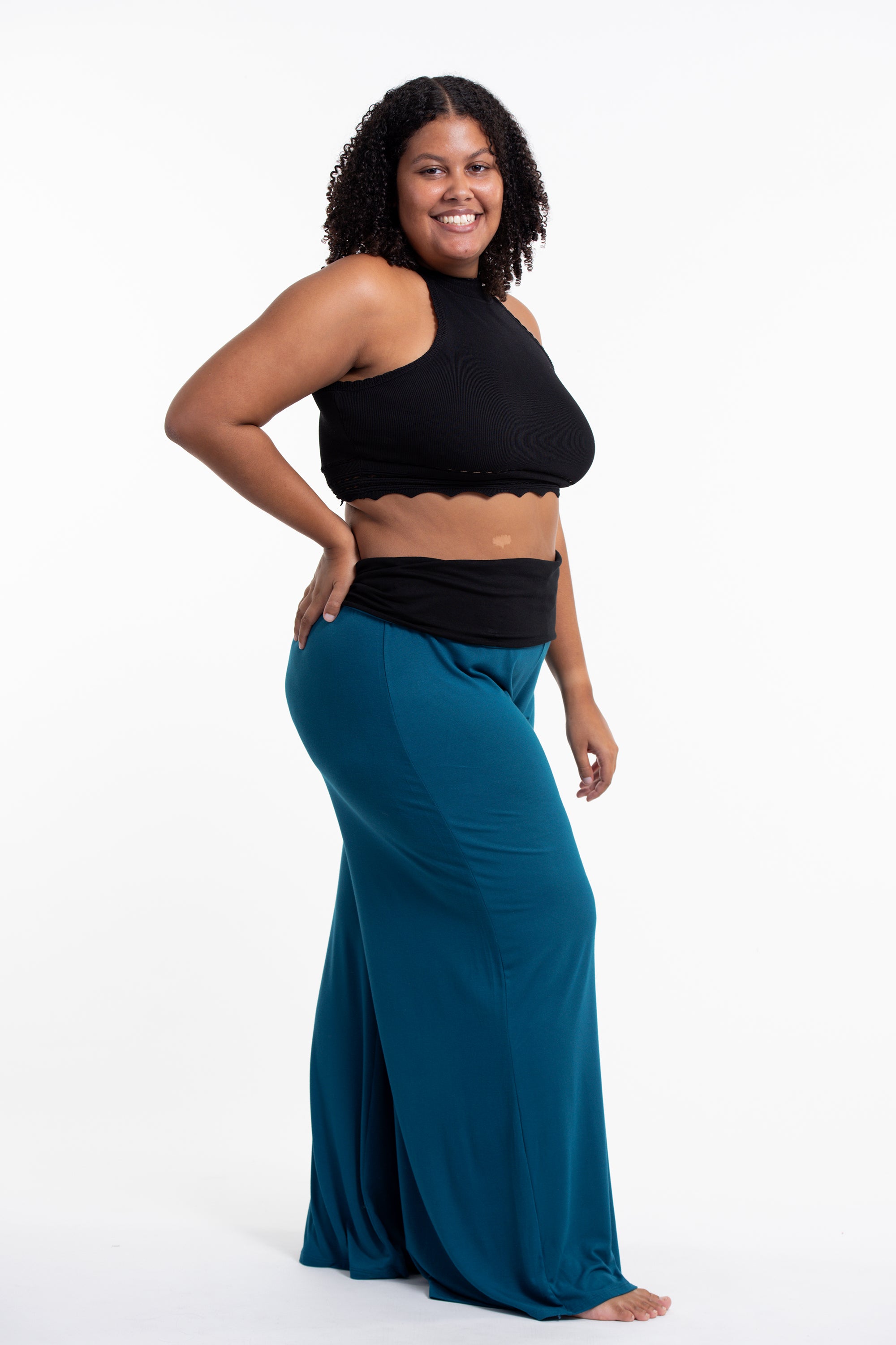 Plus Size Sun Moon Print Wide Leg Palazzo Harem Pants Cotton Spandex in Turquoise