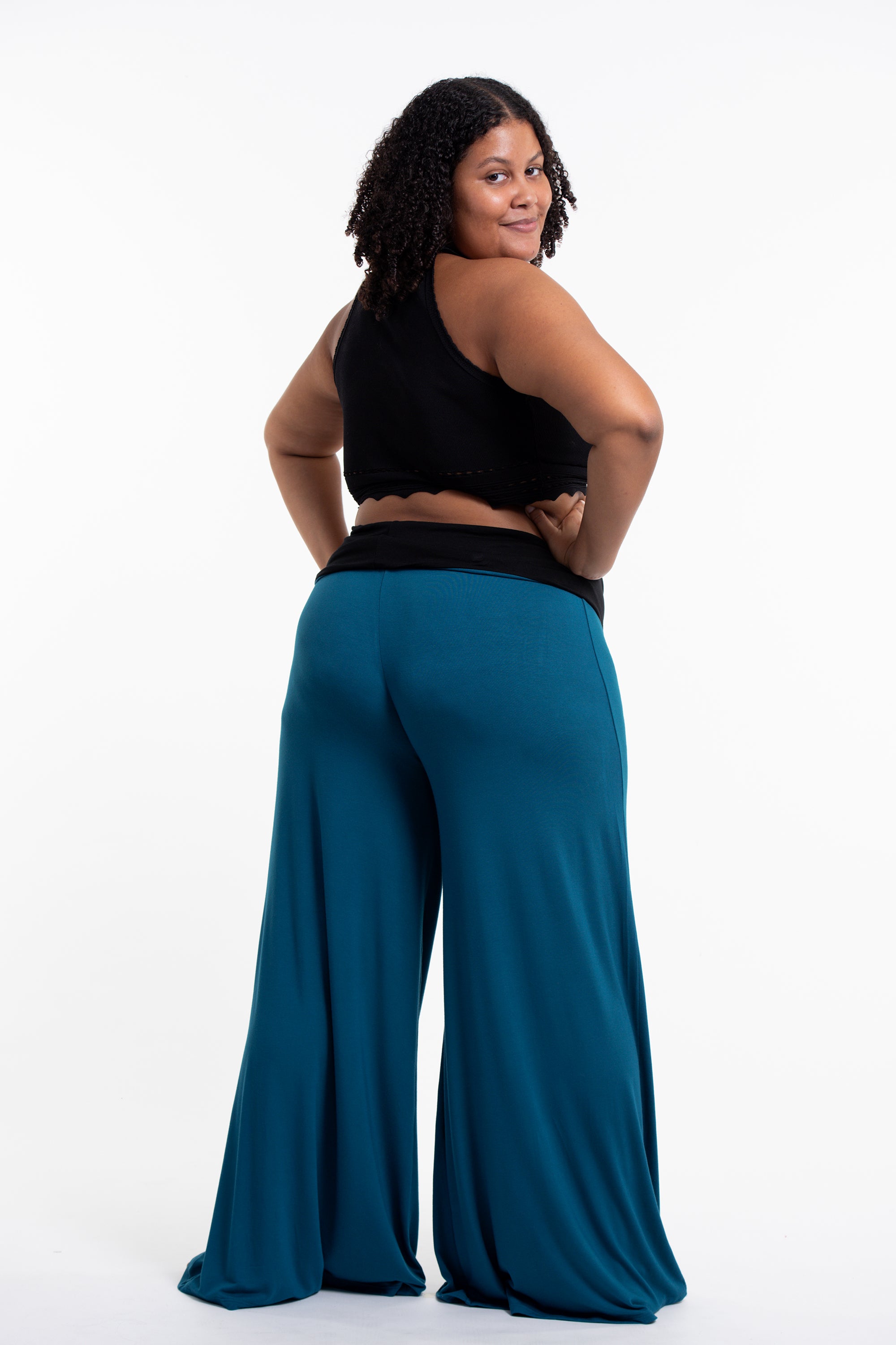 Plus Size Sun Moon Print Wide Leg Palazzo Harem Pants Cotton Spandex in Turquoise