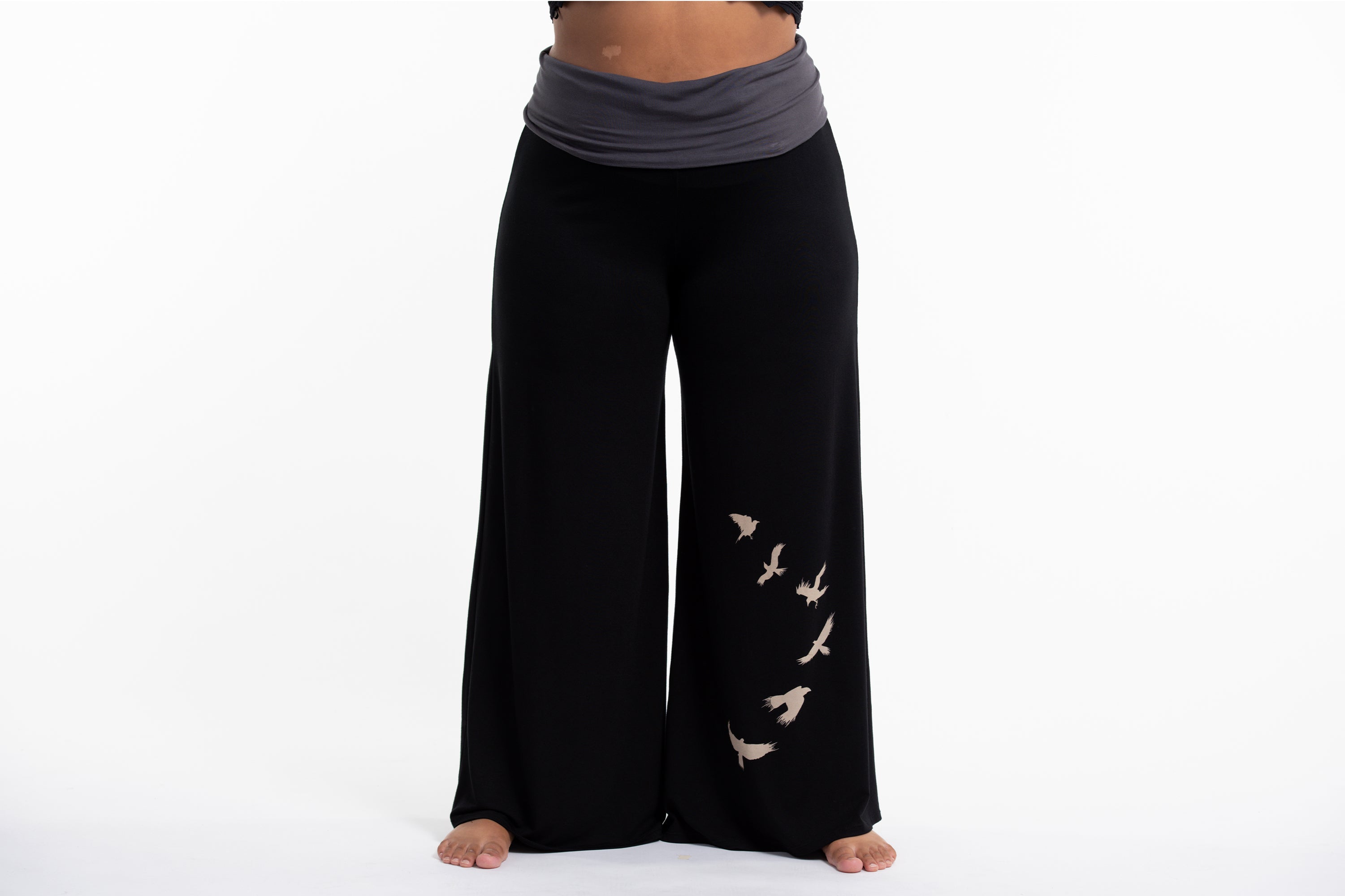 Plus Size Birds Print Wide Leg Palazzo Harem Pants Cotton Spandex in Black