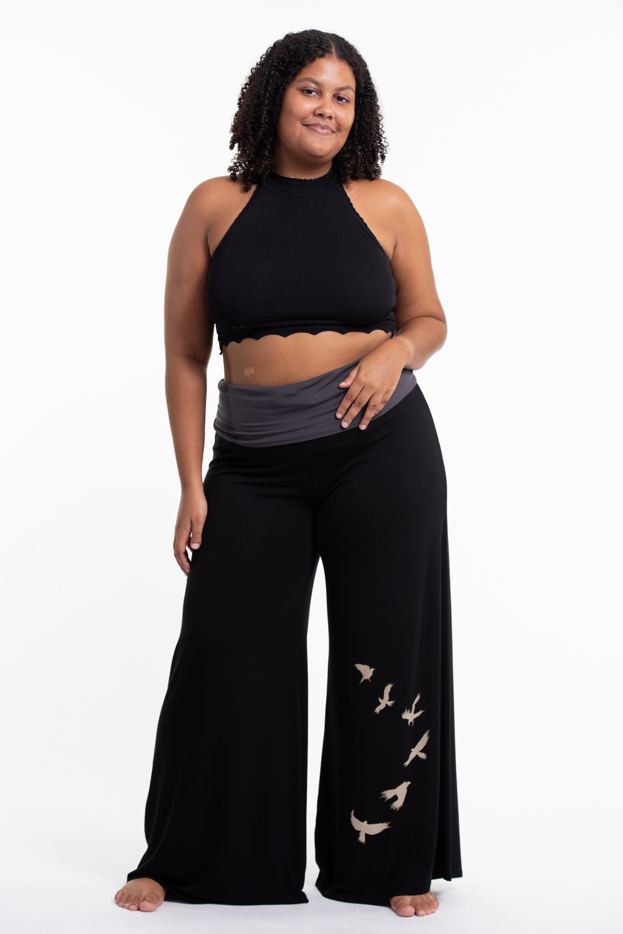 Plus Size Birds Print Wide Leg Palazzo Harem Pants Cotton Spandex in Black