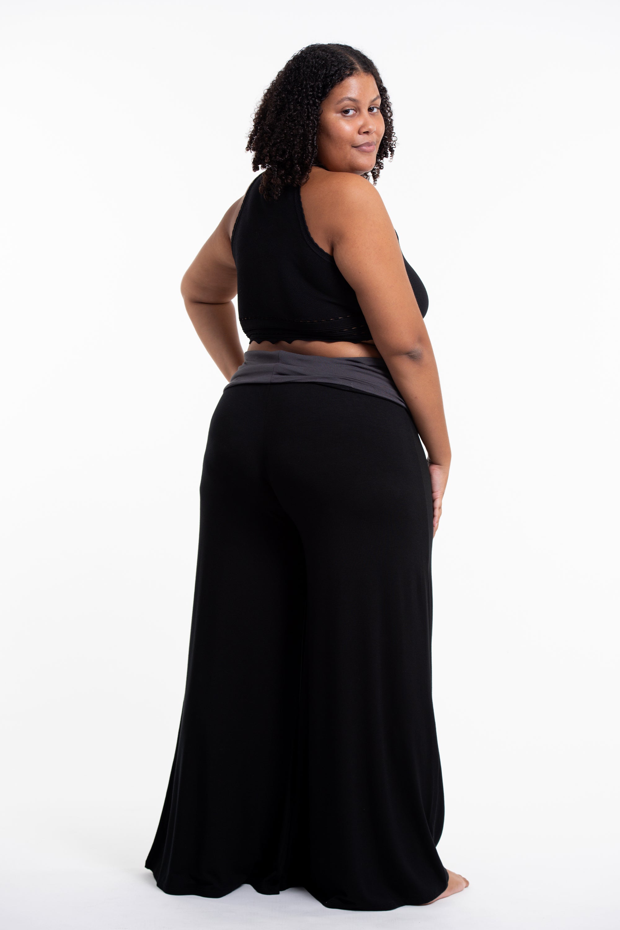 Plus Size Birds Print Wide Leg Palazzo Harem Pants Cotton Spandex in Black