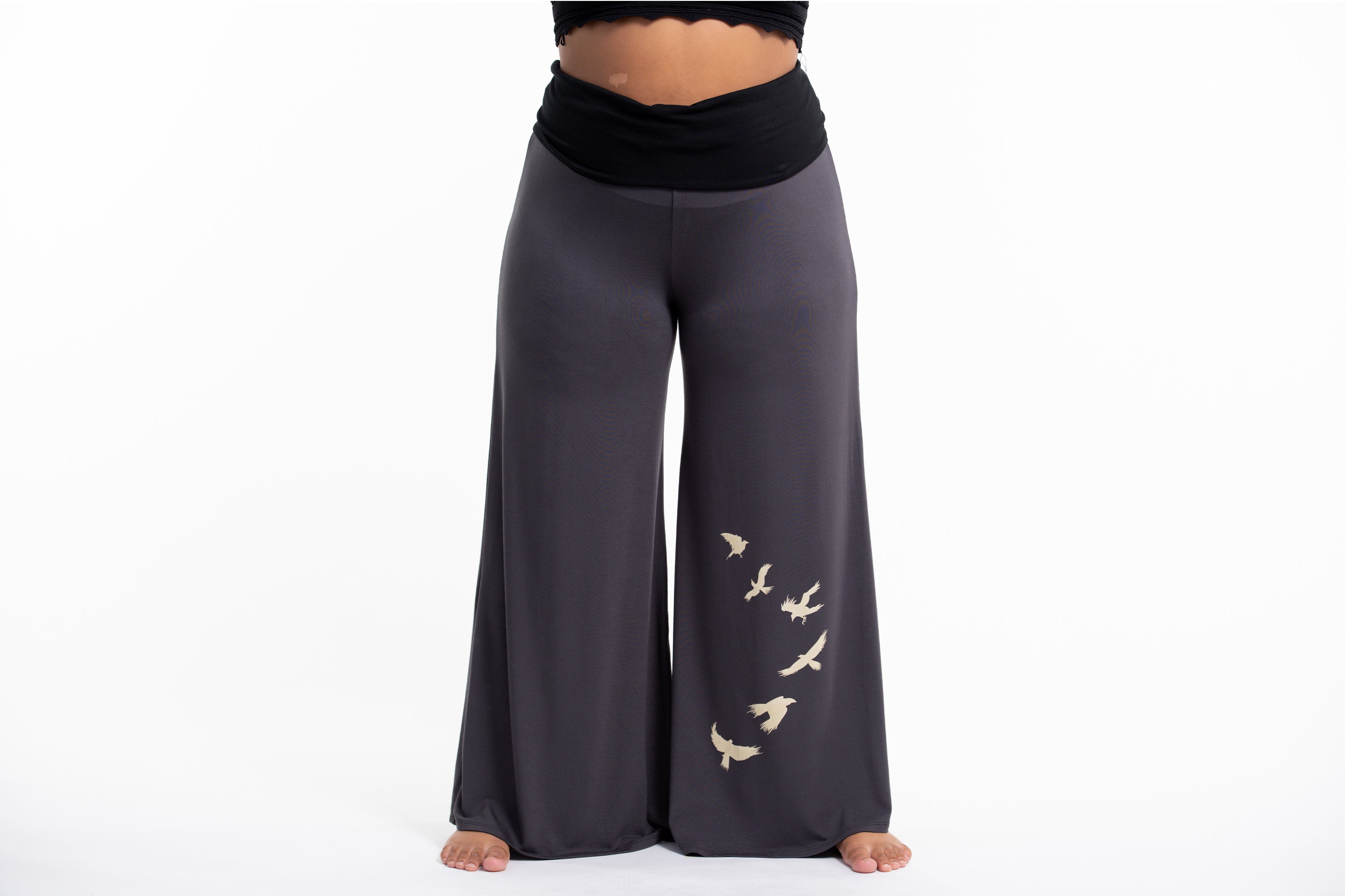 Plus Size Birds Print Wide Leg Palazzo Harem Pants Cotton Spandex in Gray