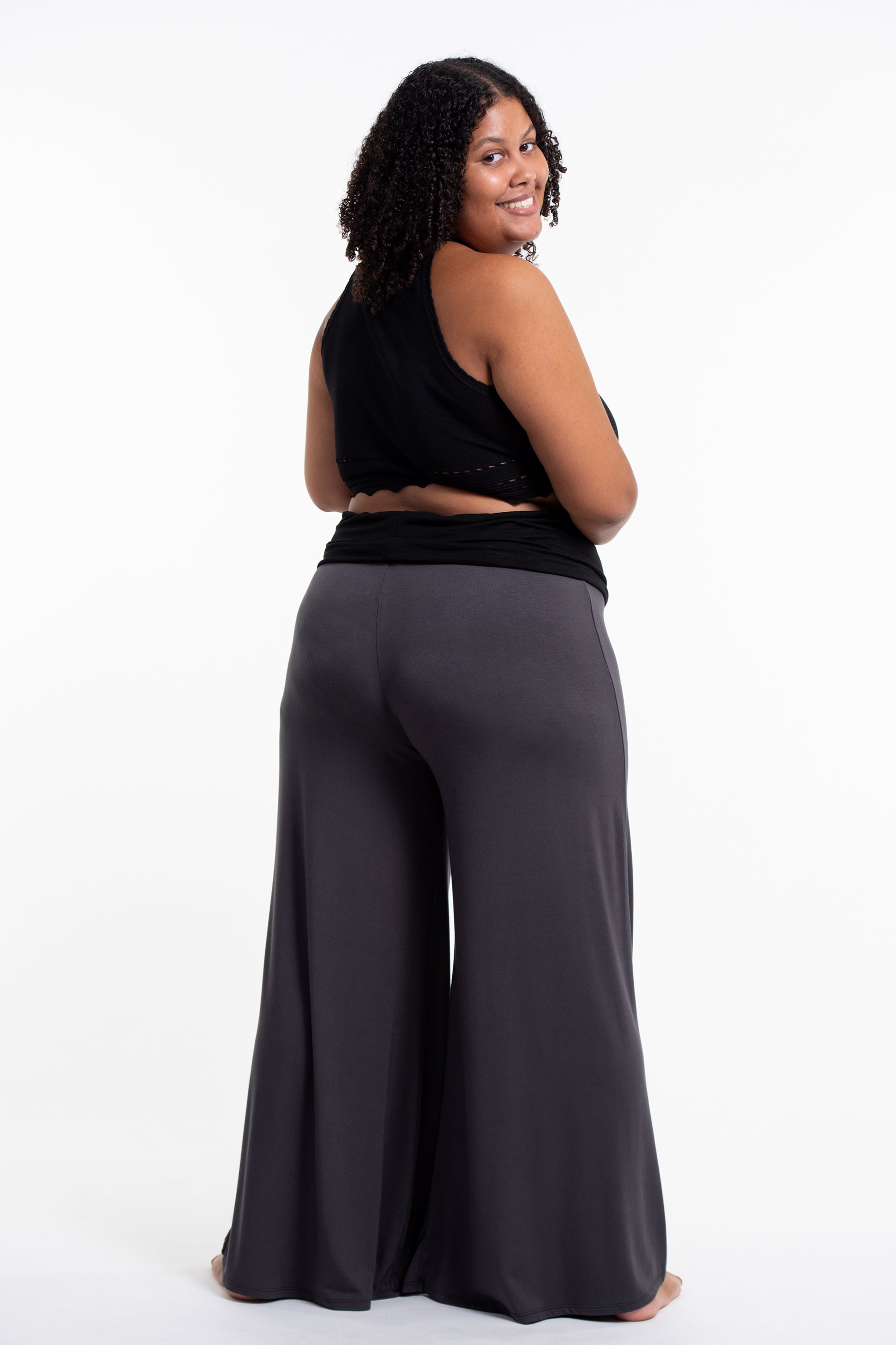 Plus Size Birds Print Wide Leg Palazzo Harem Pants Cotton Spandex in Gray