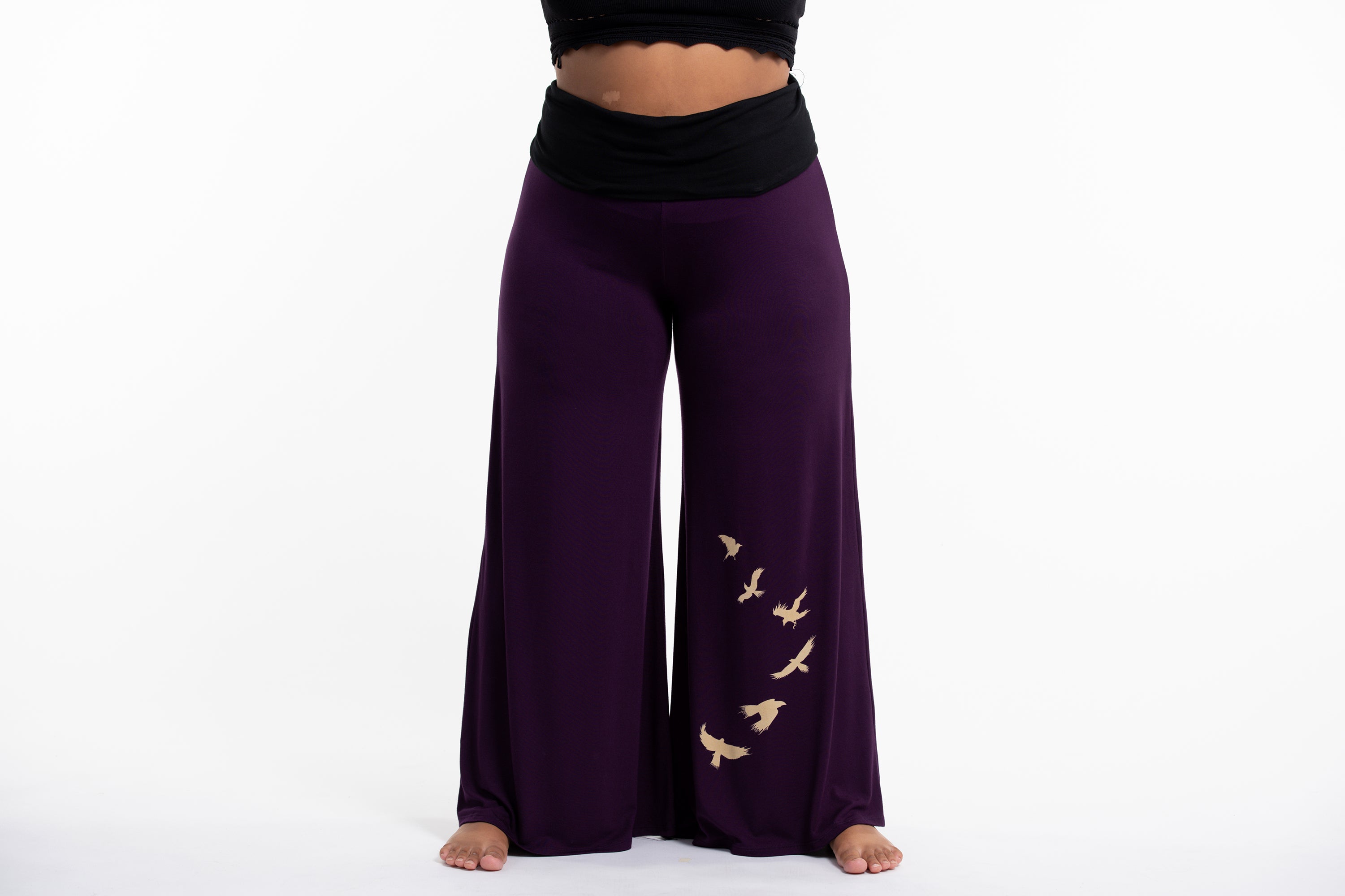 Plus Size Birds Print Wide Leg Palazzo Harem Pants Cotton Spandex in Purple