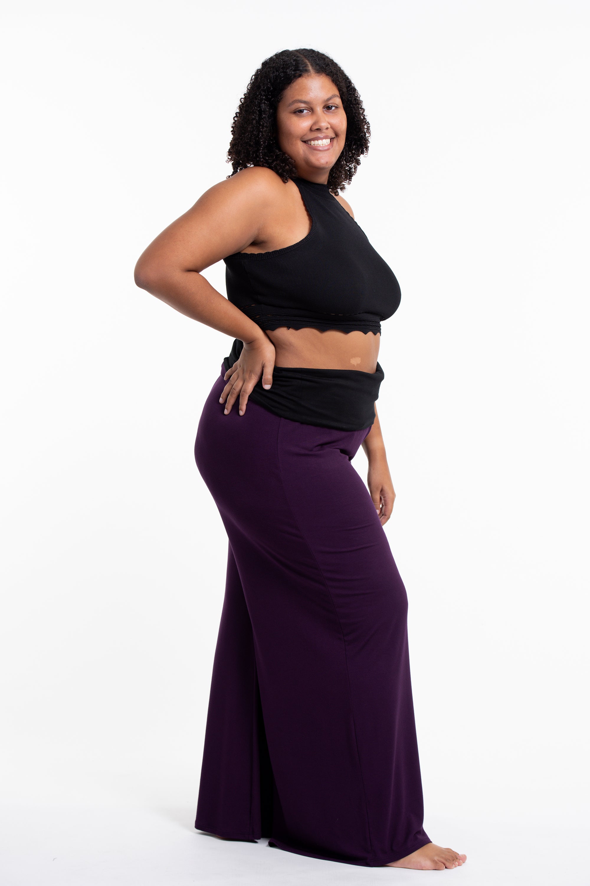 Plus Size Birds Print Wide Leg Palazzo Harem Pants Cotton Spandex in Purple