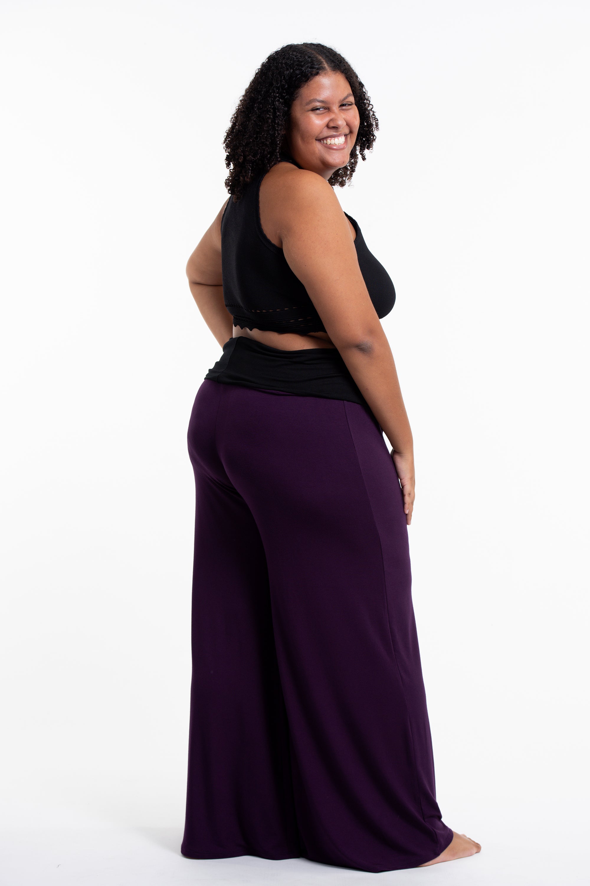 Plus Size Birds Print Wide Leg Palazzo Harem Pants Cotton Spandex in Purple