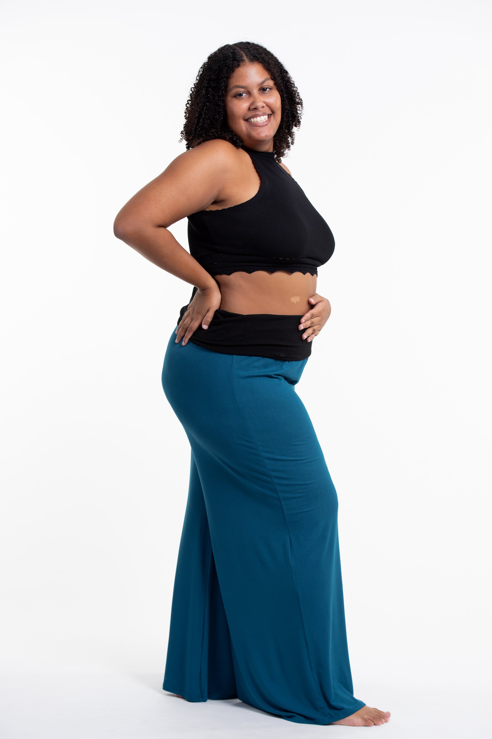 Plus Size Birds Print Wide Leg Palazzo Harem Pants Cotton Spandex in Turquoise