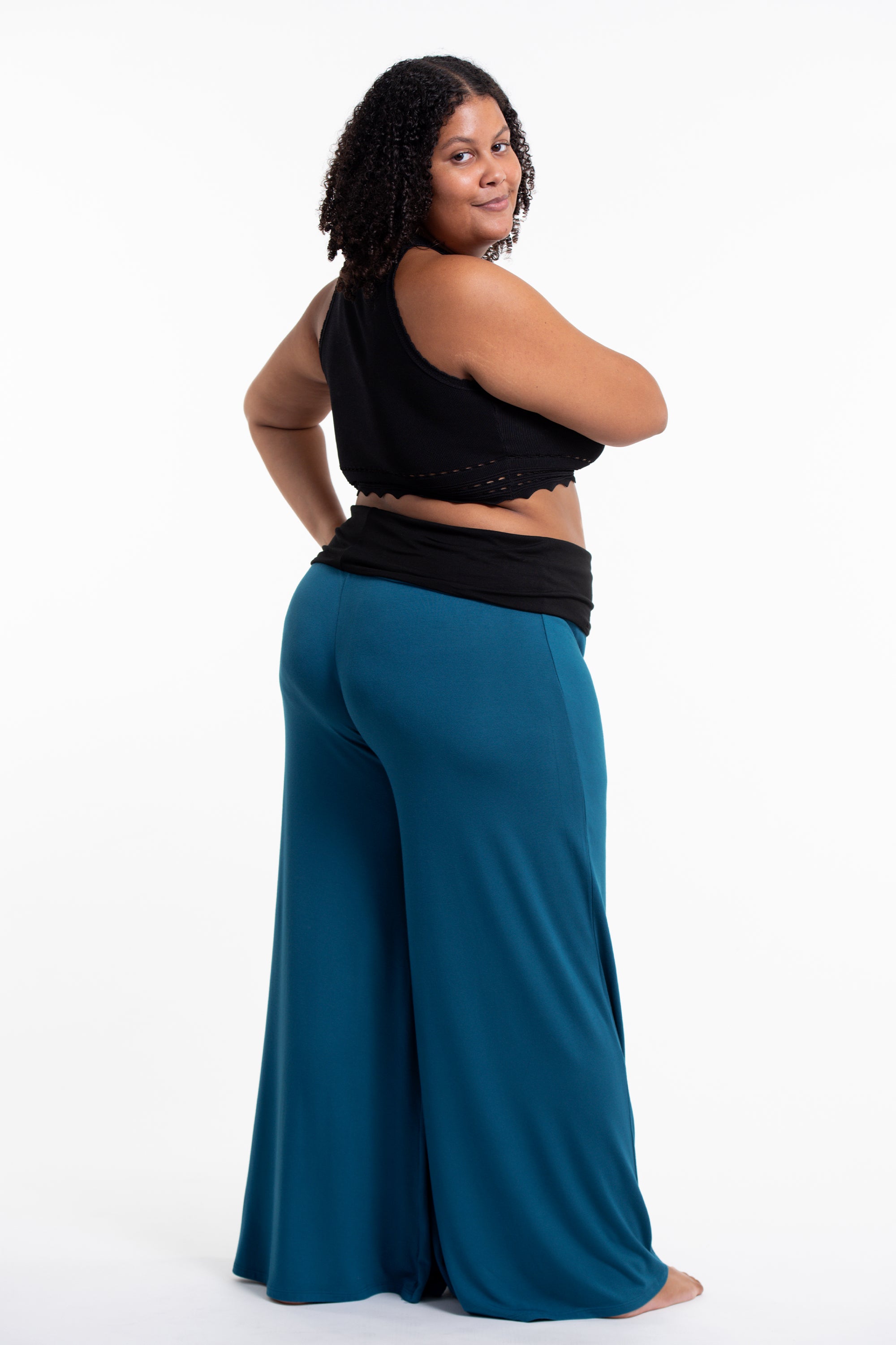 Plus Size Birds Print Wide Leg Palazzo Harem Pants Cotton Spandex in Turquoise