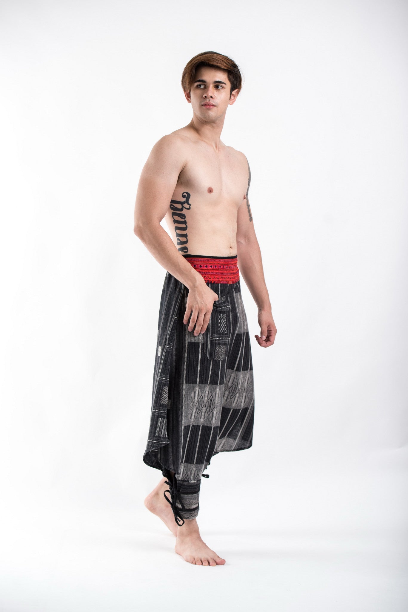 Thai Hill Tribe Fabric Men's Harem Pants with Ankle Straps in Charcoal Gray