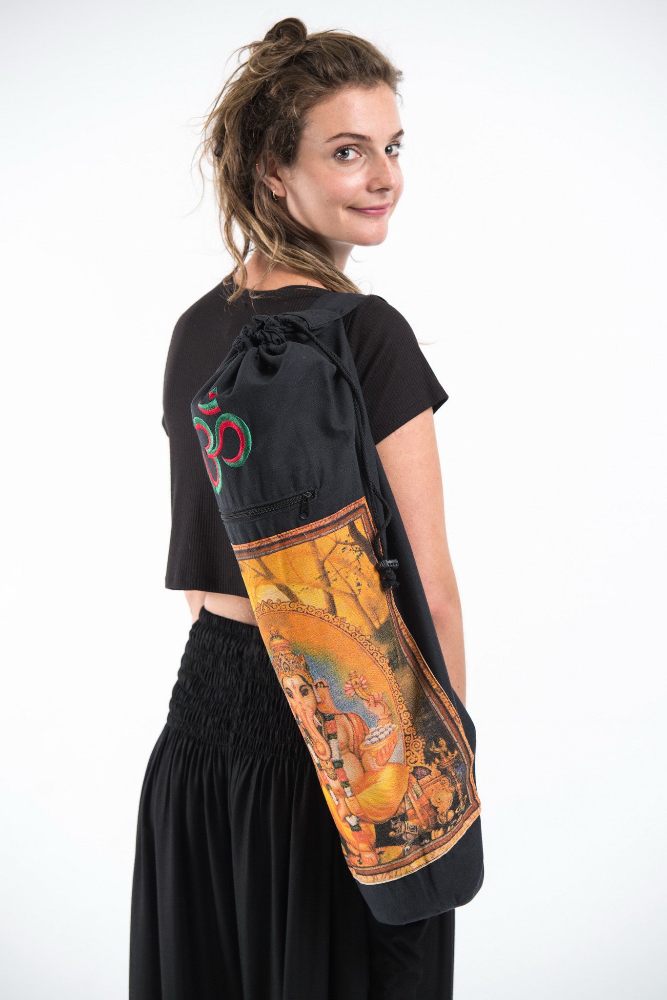 Black Embroidered Ohm + Ganesha Print Cotton & Hemp Yoga Mat Bag