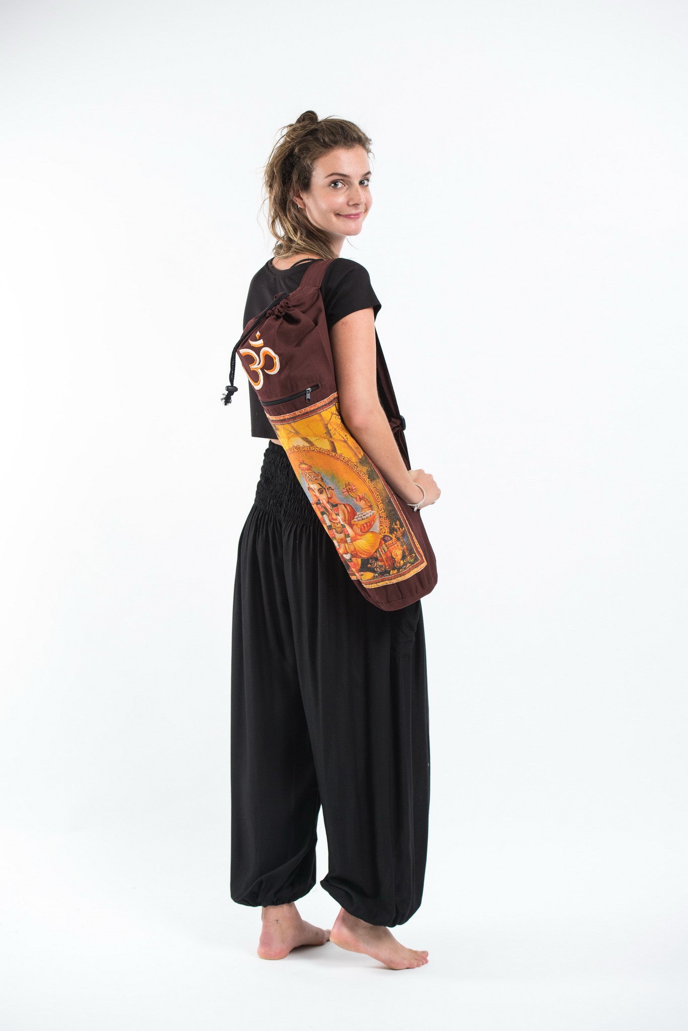 Maroon Embroidered Ohm + Ganesha Print Cotton & Hemp Yoga Mat Bag