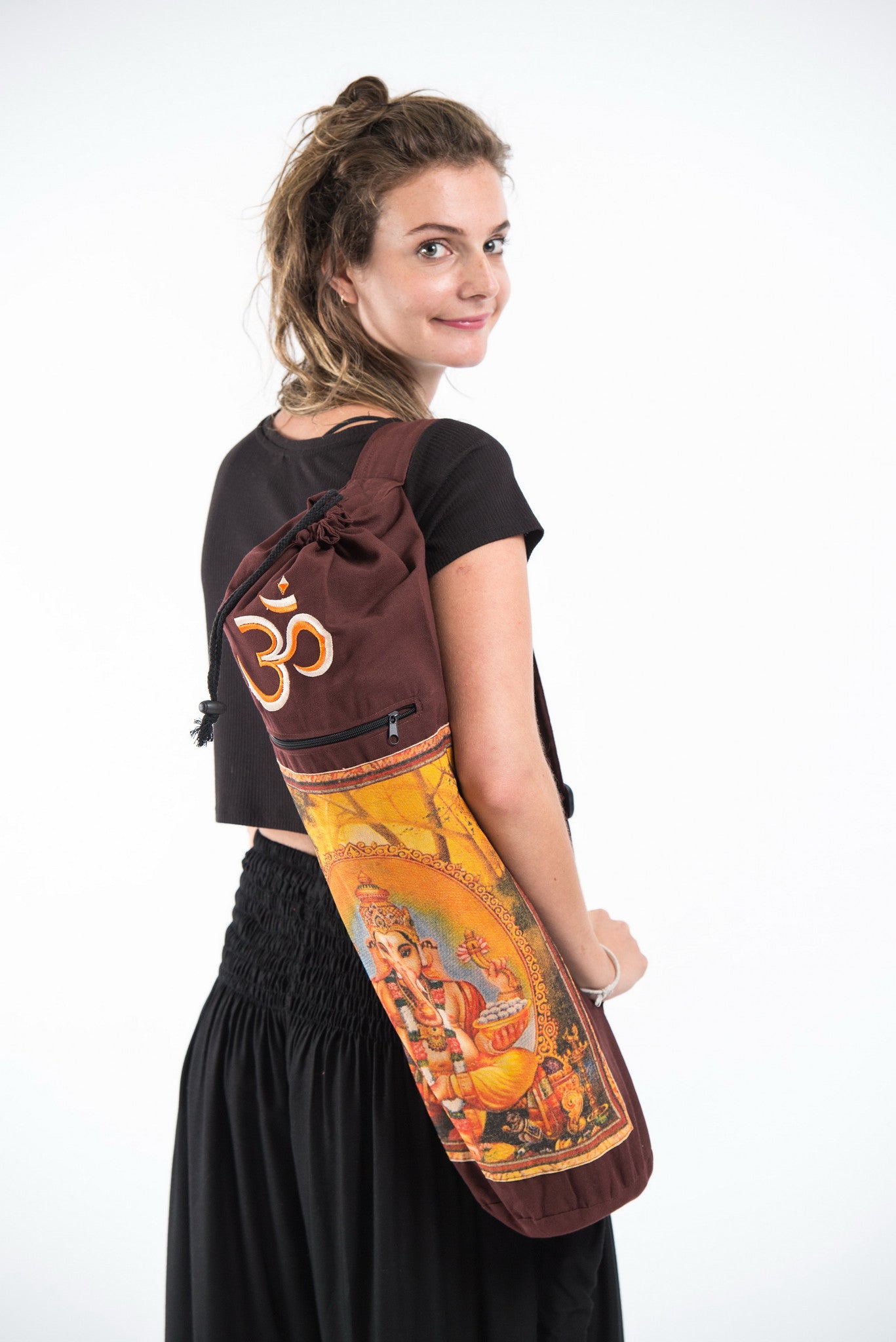 Maroon Embroidered Ohm + Ganesha Print Cotton & Hemp Yoga Mat Bag