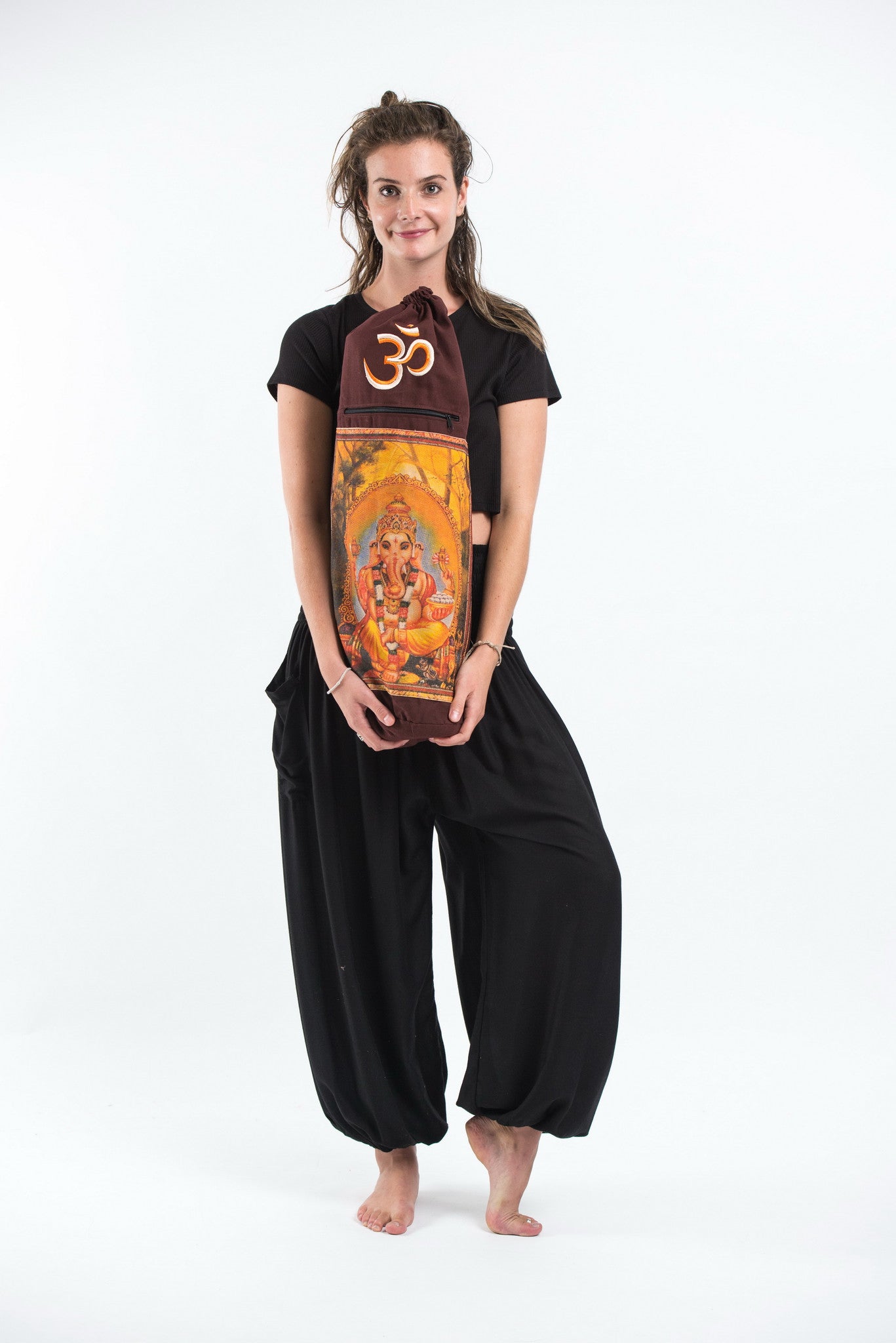 Maroon Embroidered Ohm + Ganesha Print Cotton & Hemp Yoga Mat Bag
