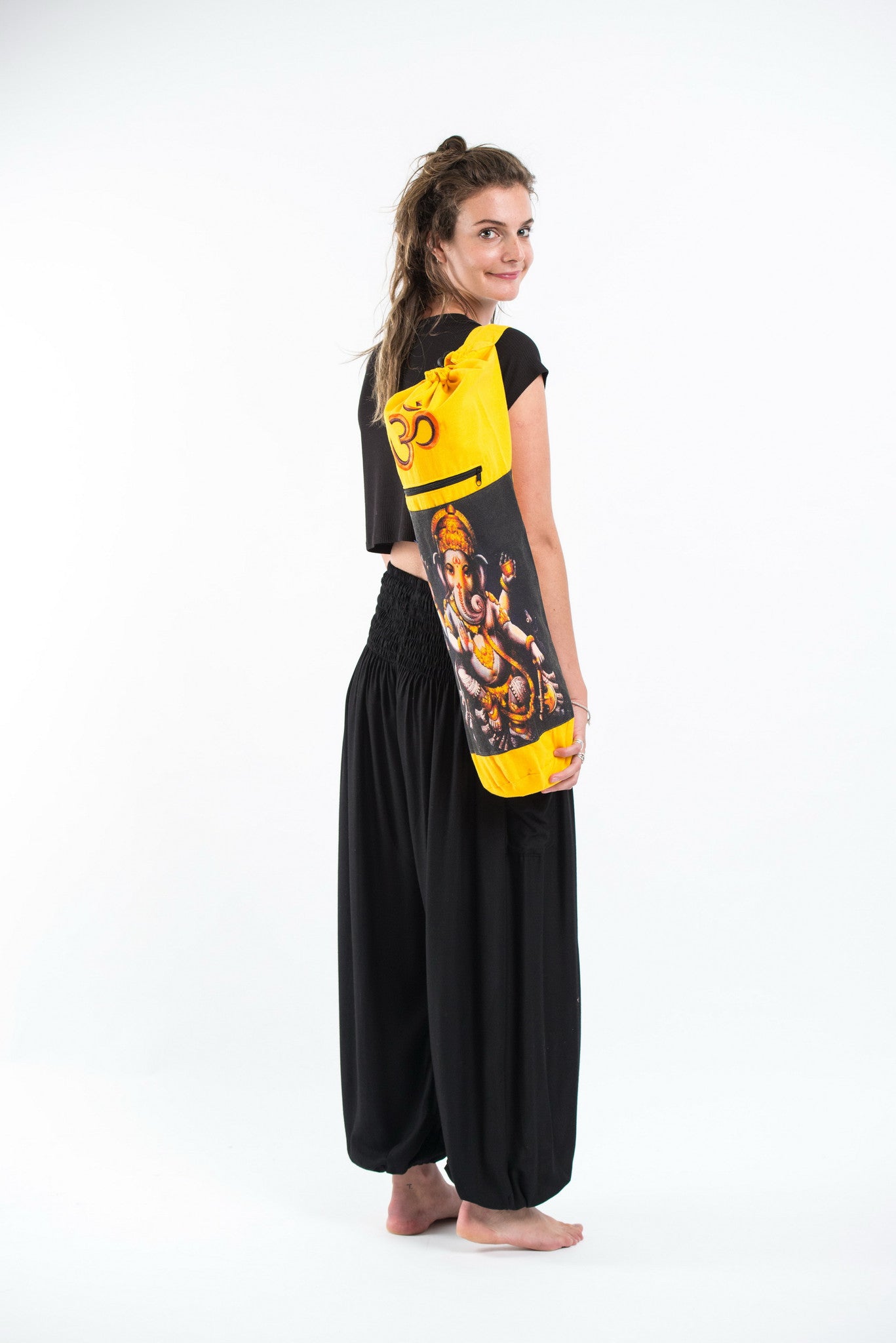Yellow Embroidered Ohm + Ganesha Print Cotton & Hemp Yoga Mat Bag