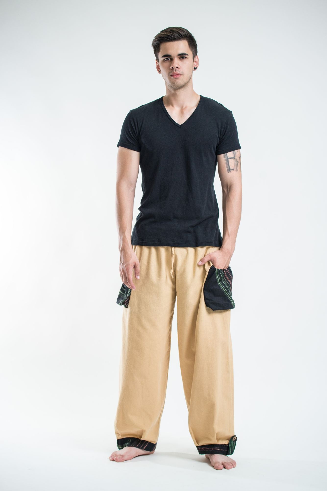 Thai Cotton Men Drawstring Pants With Hill Tribe Trim Cream