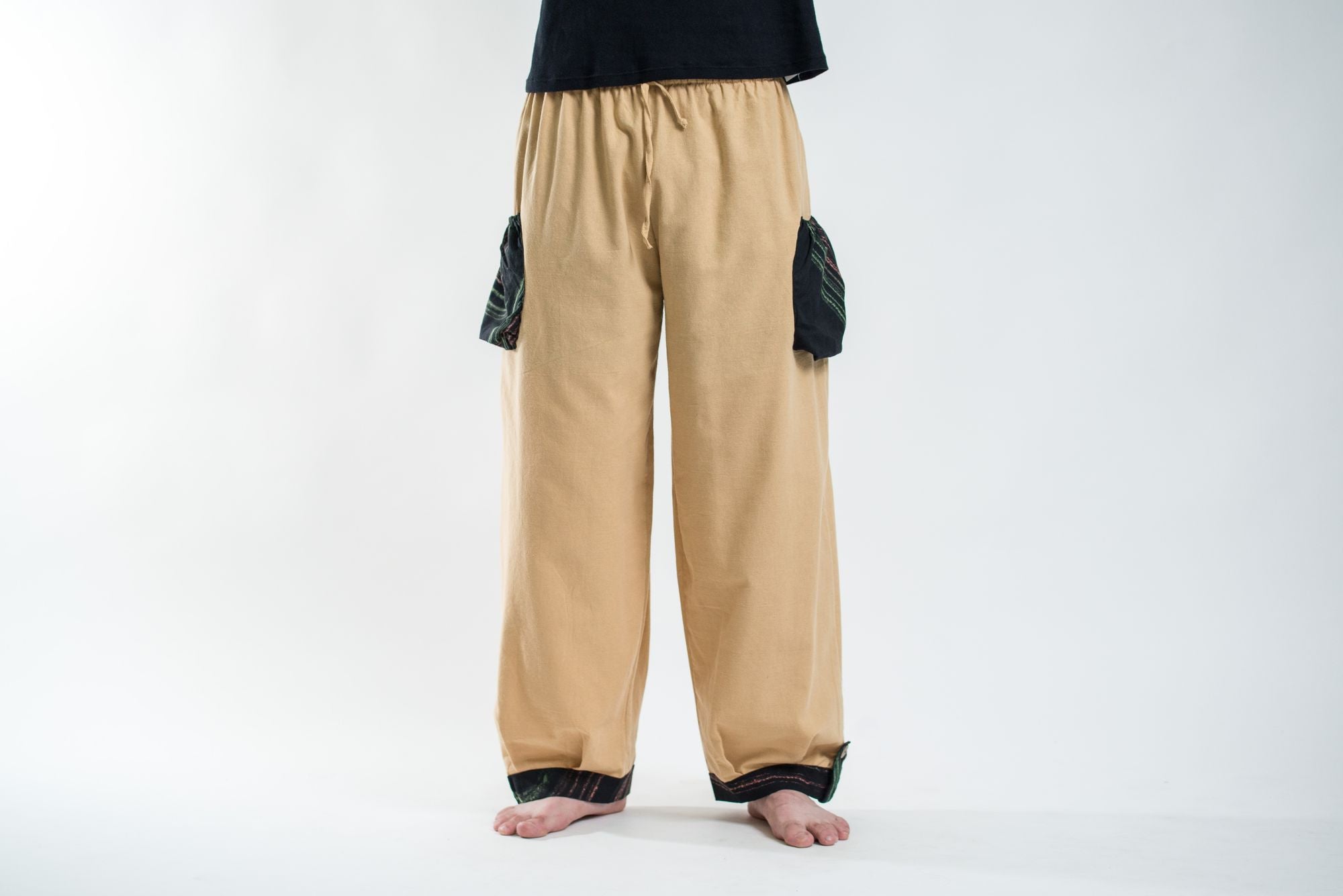 Thai Cotton Men Drawstring Pants With Hill Tribe Trim Cream