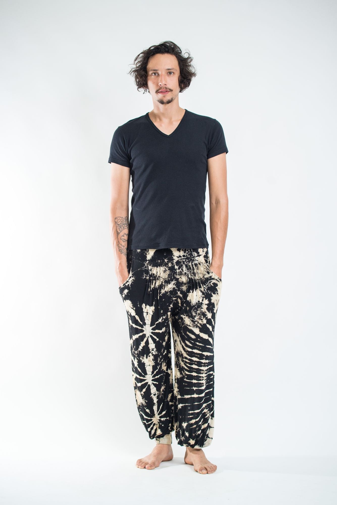 Soft Flex Mens Tie Dye Harem Pants in Black and White