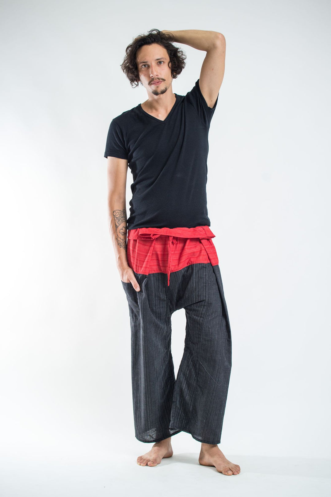 Unisex 2-Tone Pinstripes Thai Fisherman Pants in Black Red