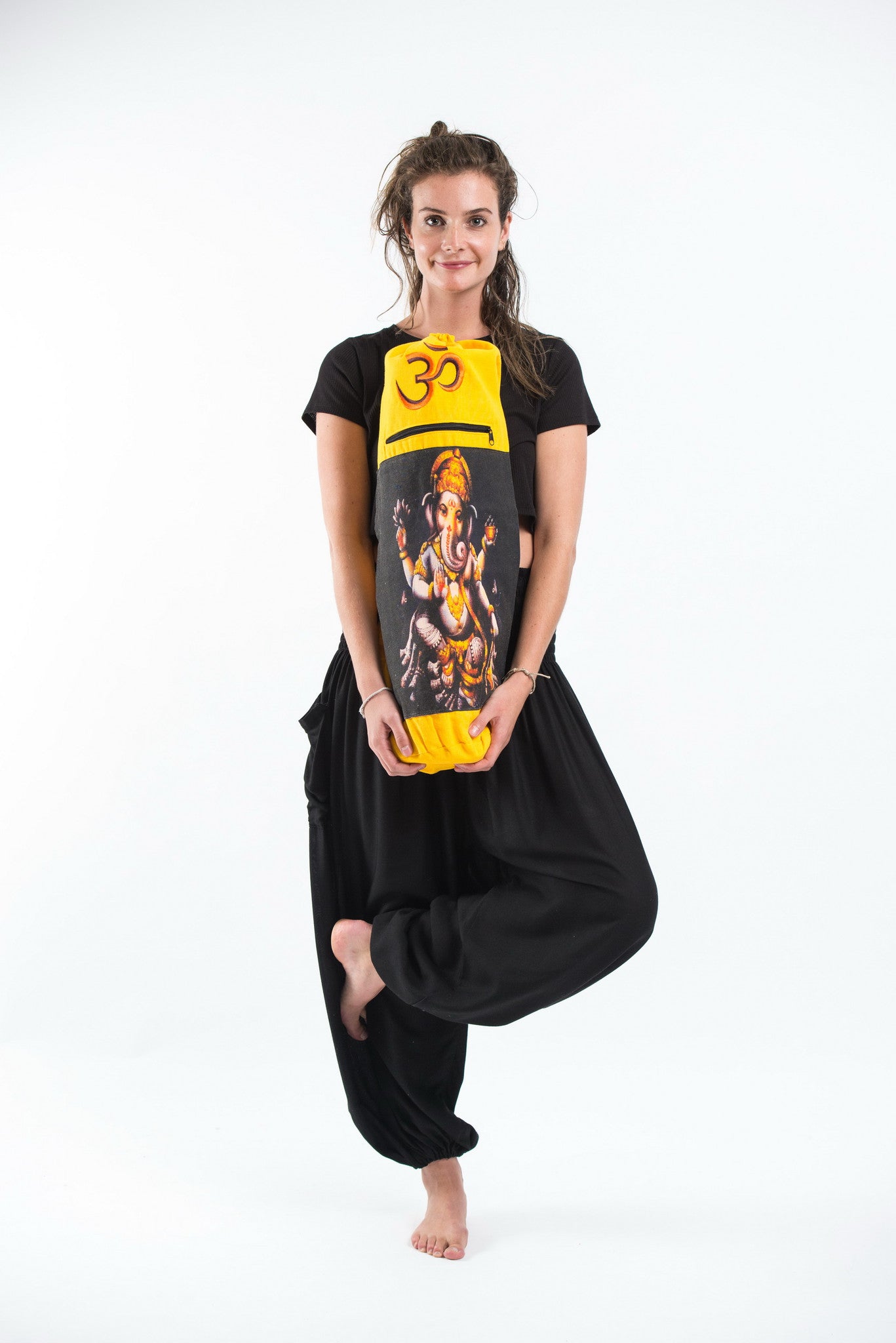 Yellow Embroidered Ohm + Ganesha Print Cotton & Hemp Yoga Mat Bag