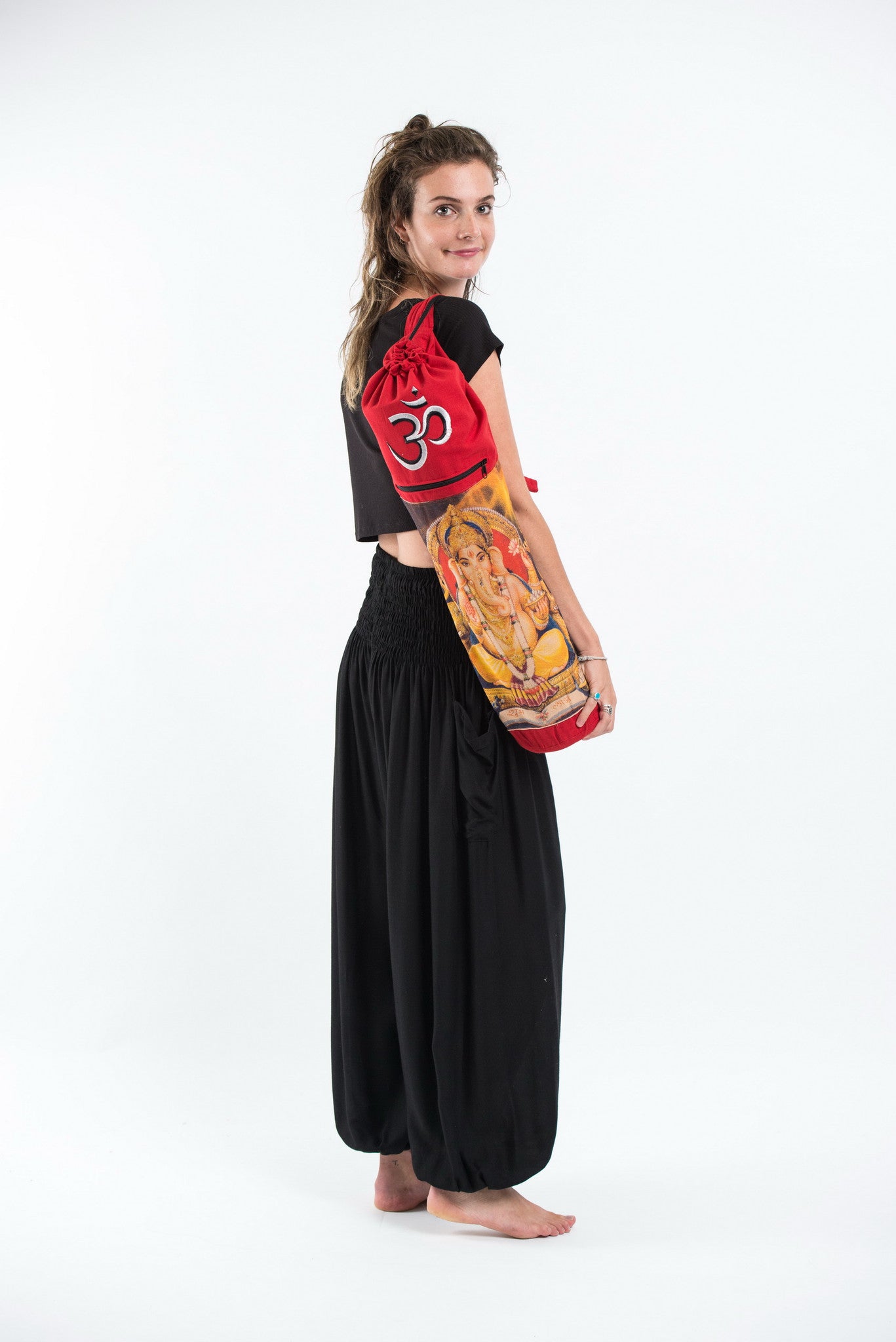 Red Embroidered Ohm + Ganesha Print Cotton & Hemp Yoga Mat Bag