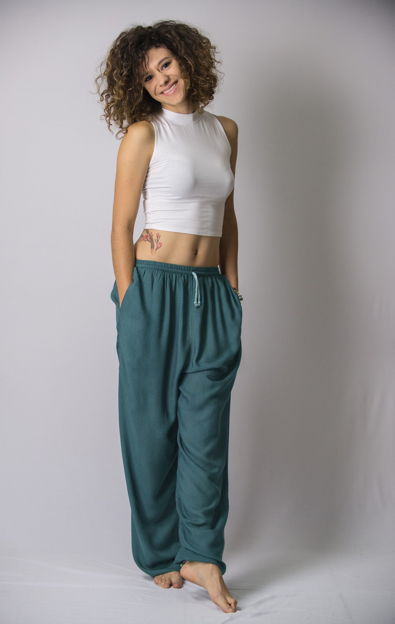 Solid Color Drawstring Women's Yoga Massage Pants in Dark Teal