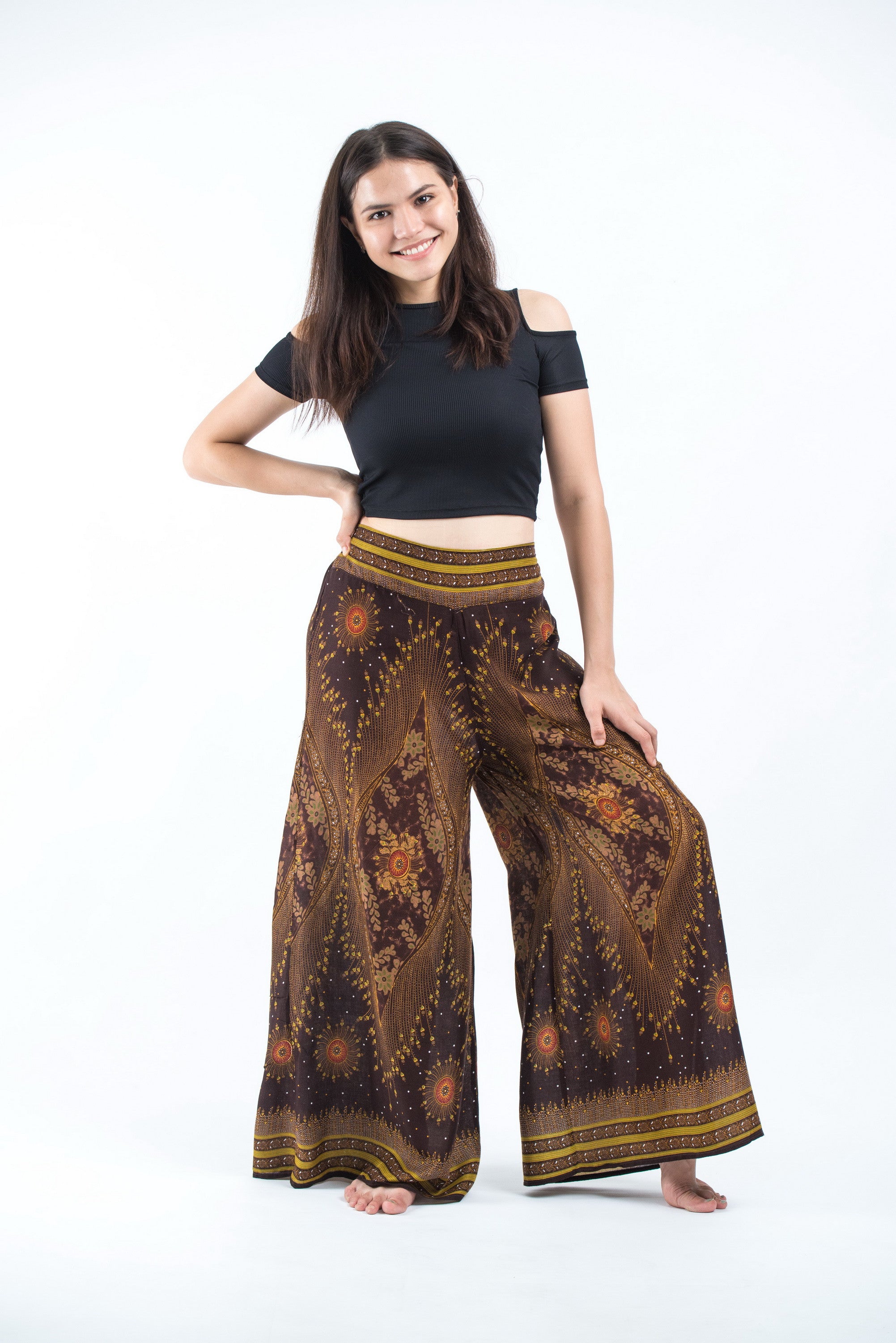 Peacock Eyes Palazzo Style Harem Pants in Brown Gold