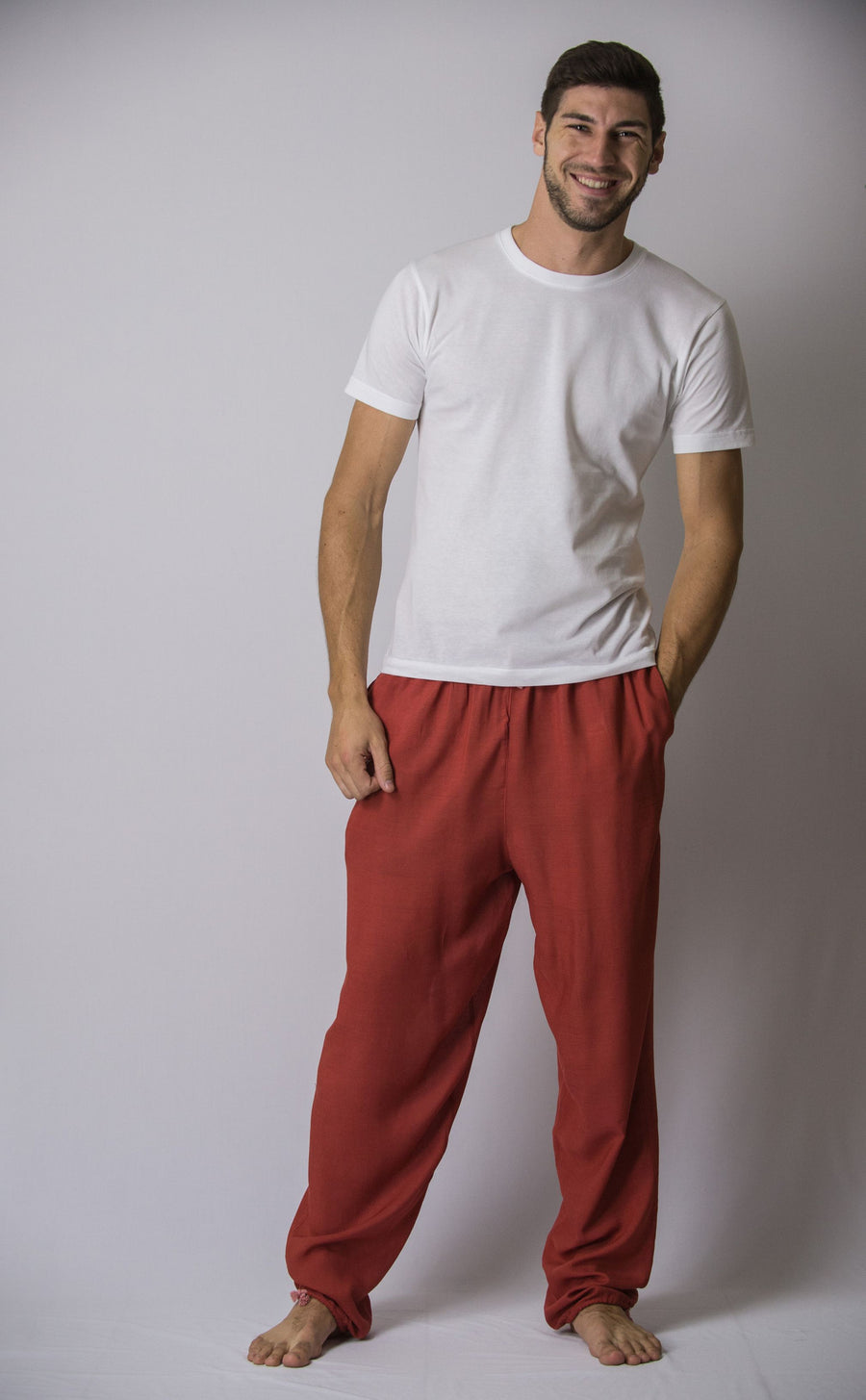 Solid Color Drawstring Men's Yoga Massage Pants in Red Harem Pants