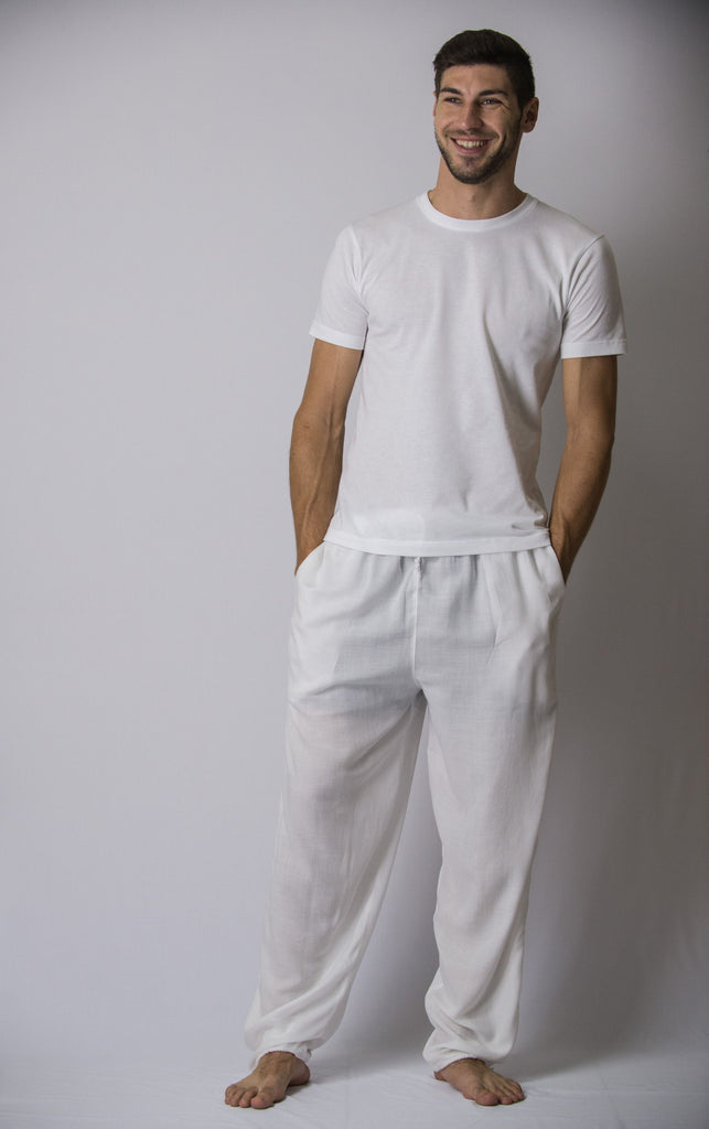 Solid Color Drawstring Men s Yoga Massage Pants in White