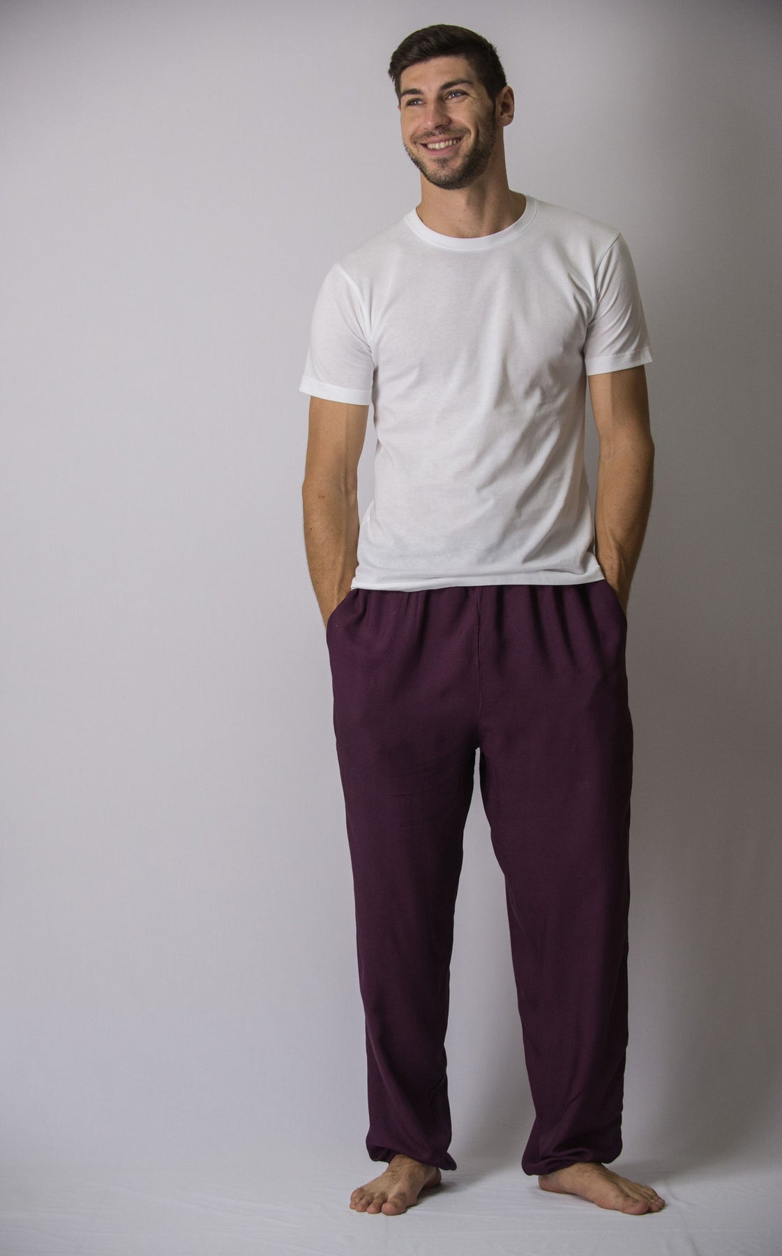 Solid Color Drawstring Men's Yoga Massage Pants in Dark Purple Harem