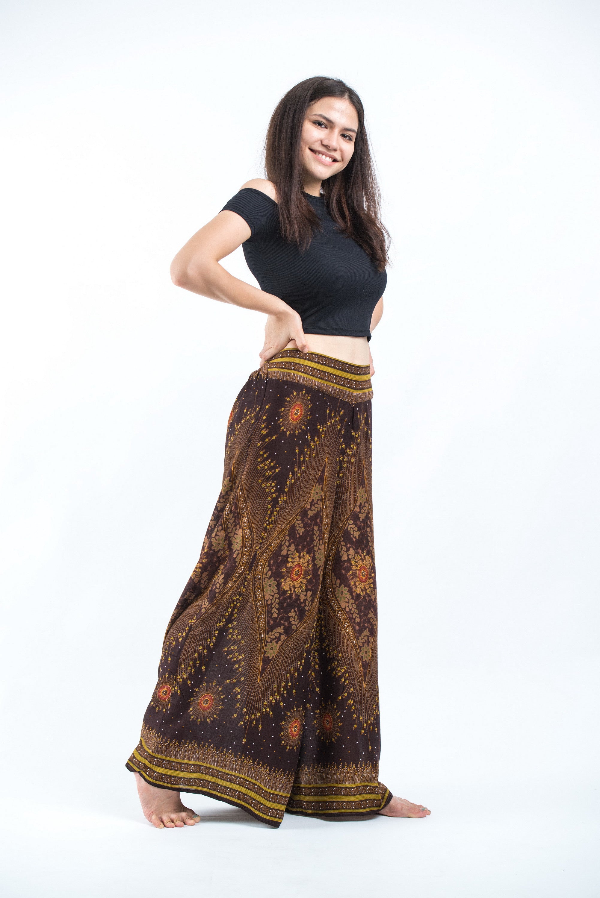 Peacock Eyes Palazzo Style Harem Pants in Brown Gold