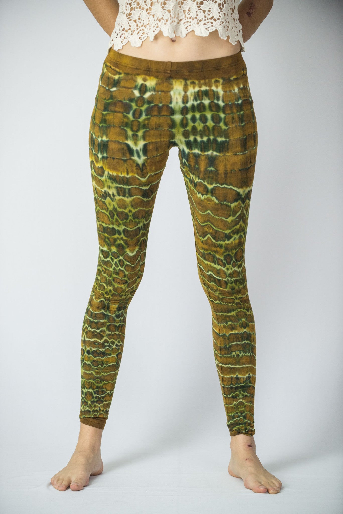 Melting Stripes Tie Dye Cotton Leggings in Olive