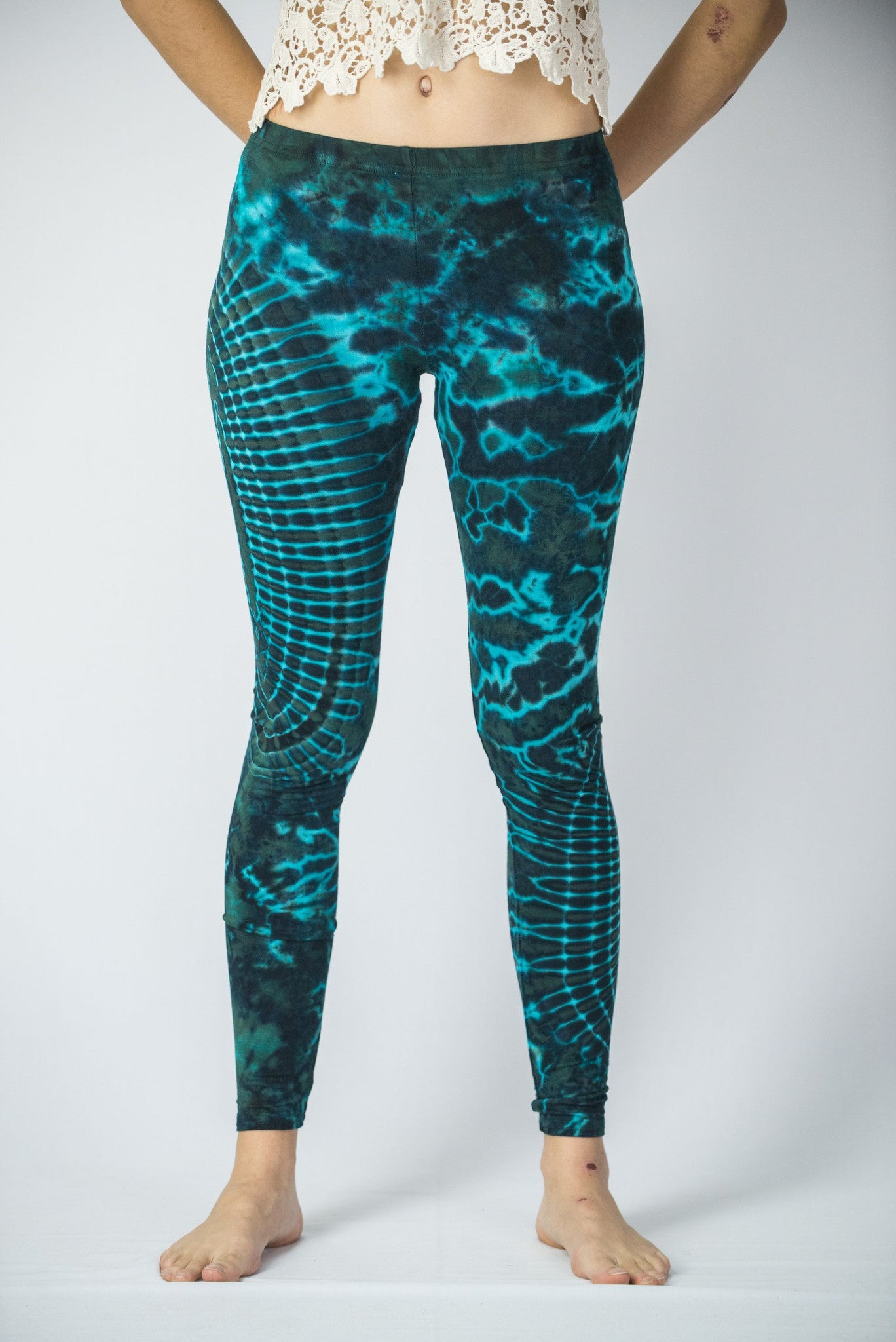 Oval Swirls Tie Dye Cotton Leggings in Blue