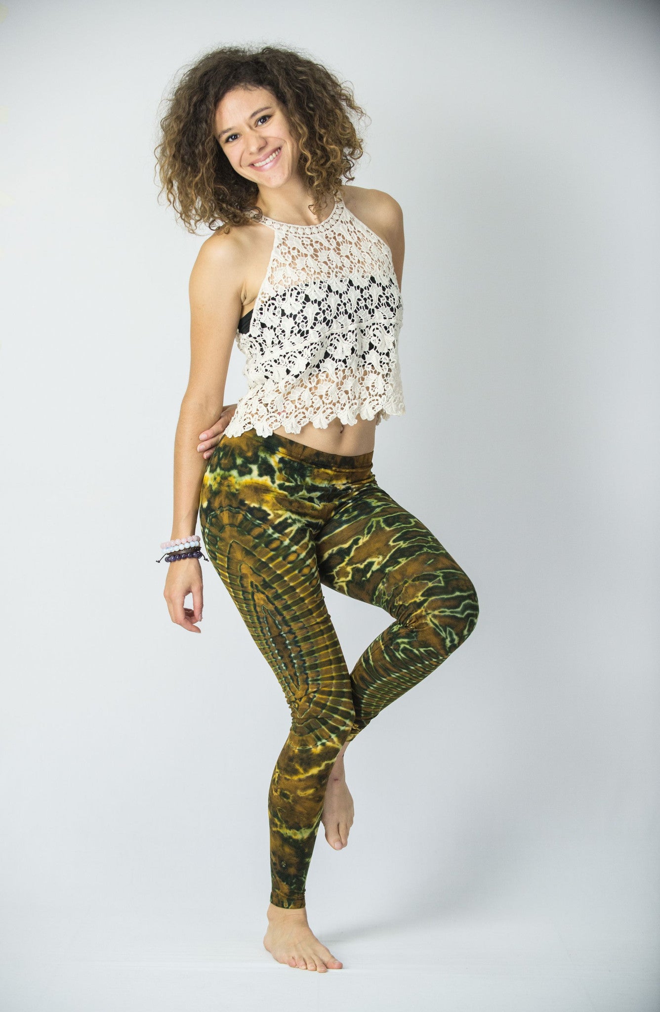 Oval Swirls Tie Dye Cotton Leggings in Green