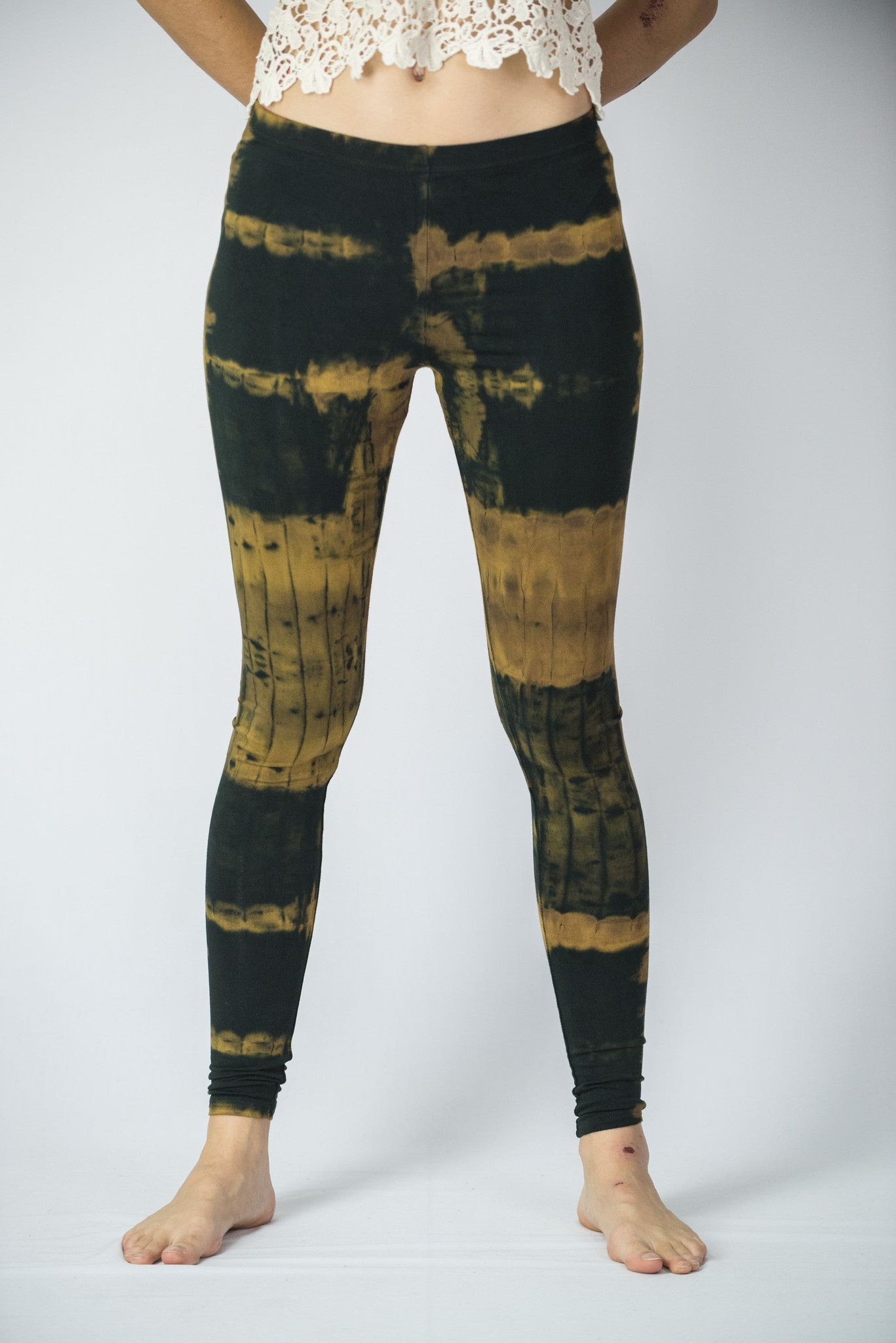 Patch Dye Tie Dye Cotton Leggings in Greenish Black/Tan